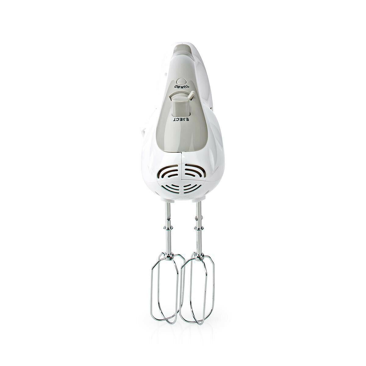 Nedis Electric Hand Mixer, 5 Speed with Turbo Button, with 2L Turning Bowl, Stainless Steel Beaters and Dough Hooks, 200W - White