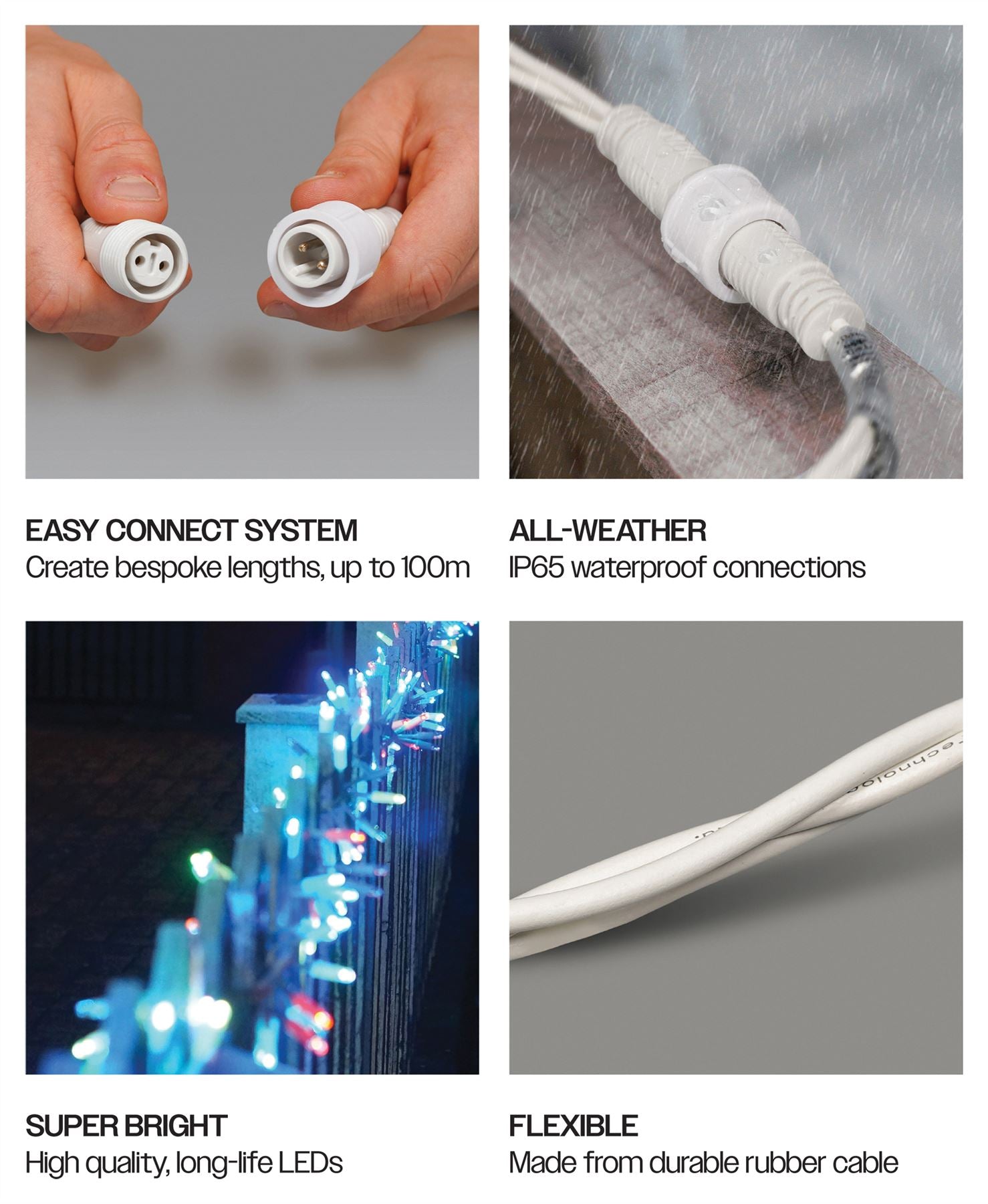 5m Easy-Connect RGB Colour Changing 250 LED Cluster String Lights With Interconnectable White Rubber Cable