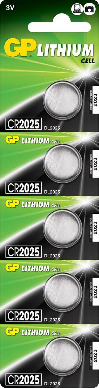 Gp CR2025 Battery 3V 150mAh 2.5 x 20mmØ 5 Pack
