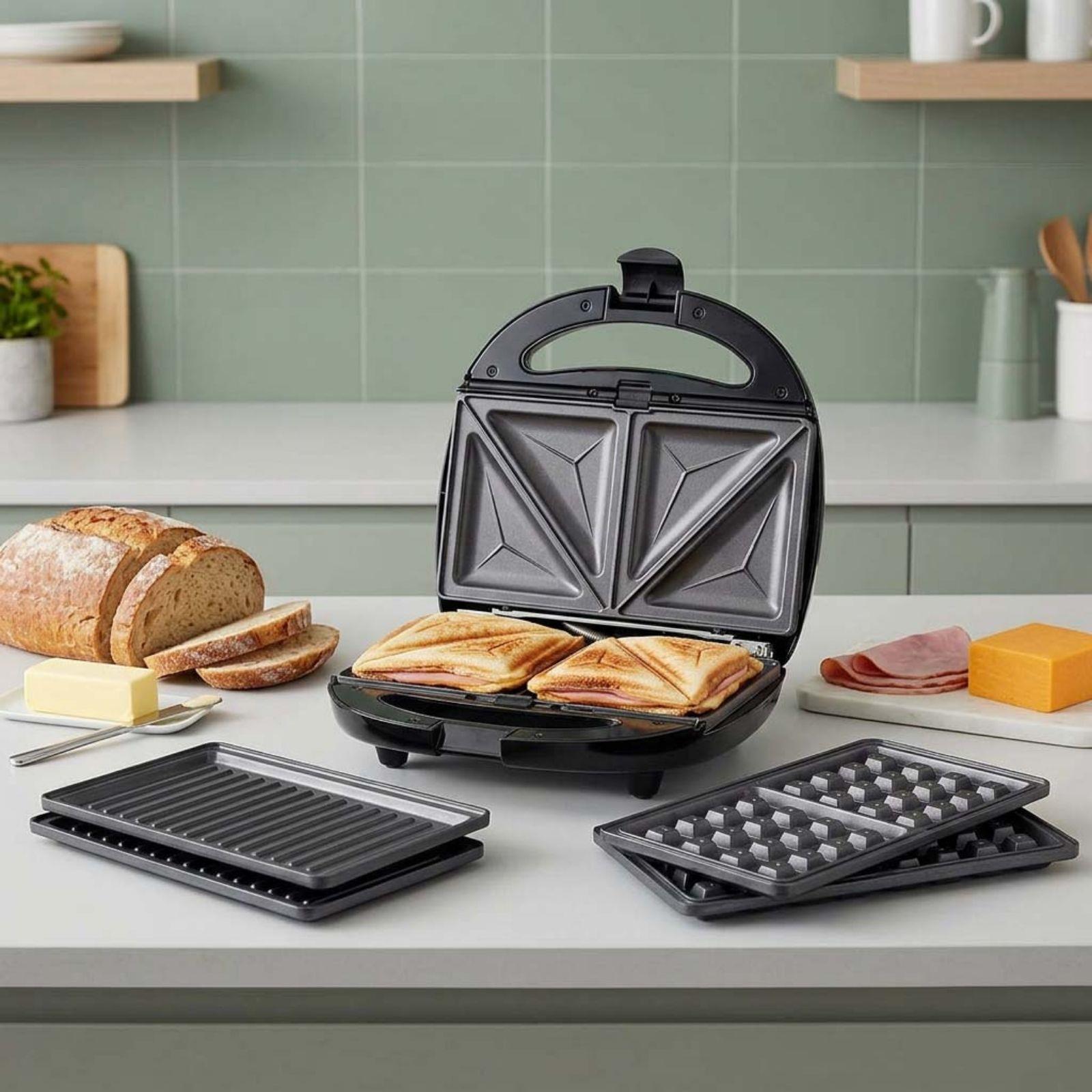 MELISSA Series Sandwich Maker - 3 Plate Sets for Paninis, Sandwiches, and Waffles, Nonstick Grill Plates, Cut-and-Seal, 850W Power, Black