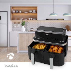 Nedis 8.4L Hot Air Fryer Family Dual Basket Air Fryer with Smart Finish, 10 Pre-Sets and Digital Control Panel - Black