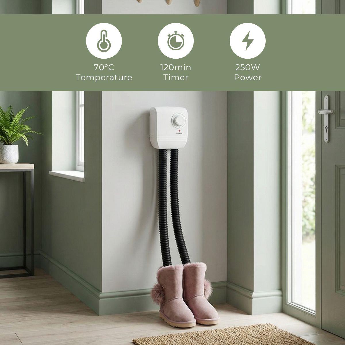 Melissa Electric 250w Shoe Dryer, Wall Mounted Boot Warmer with Heat Blower, 2 Warm Air Exhausts and Timer, Quick Drying for Wet Shoes, Gloves, Hats, Socks, Trainers, Boots and more