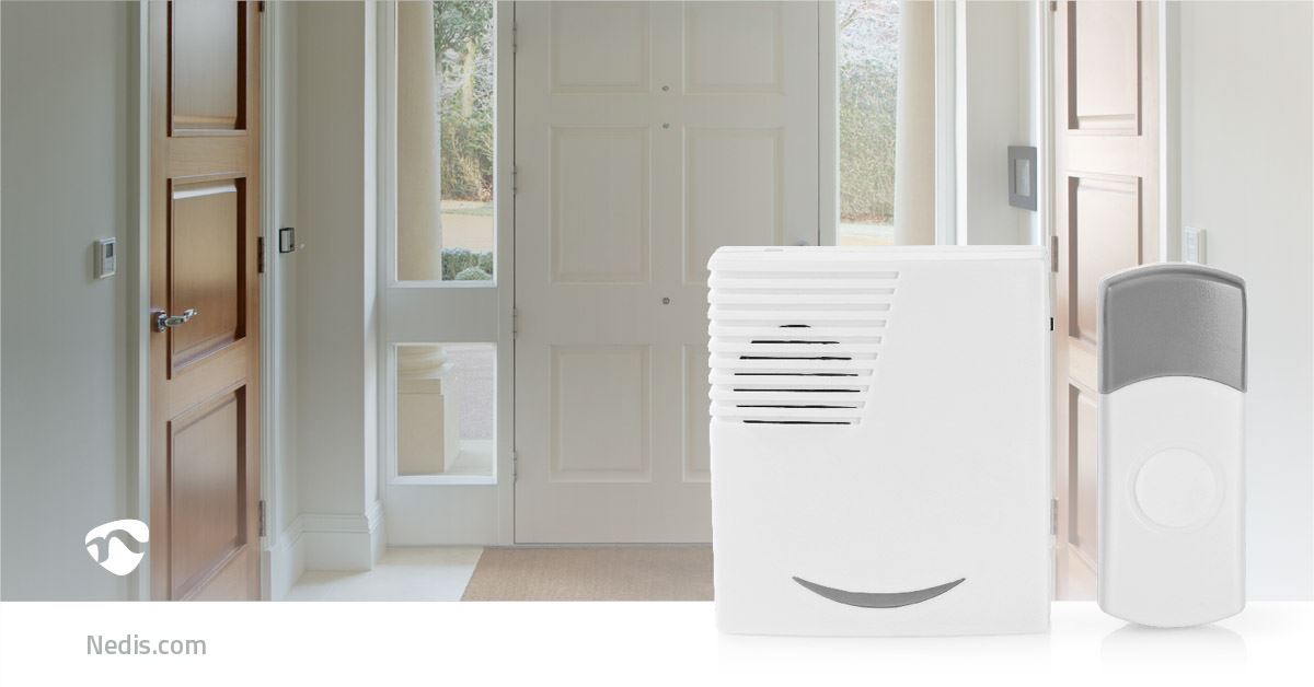 Nedis Wireless Doorbell, Battery Powered Cordless Door Chime Kit with 100m Range, 36 Chimes, LED and 80dB Volume - White
