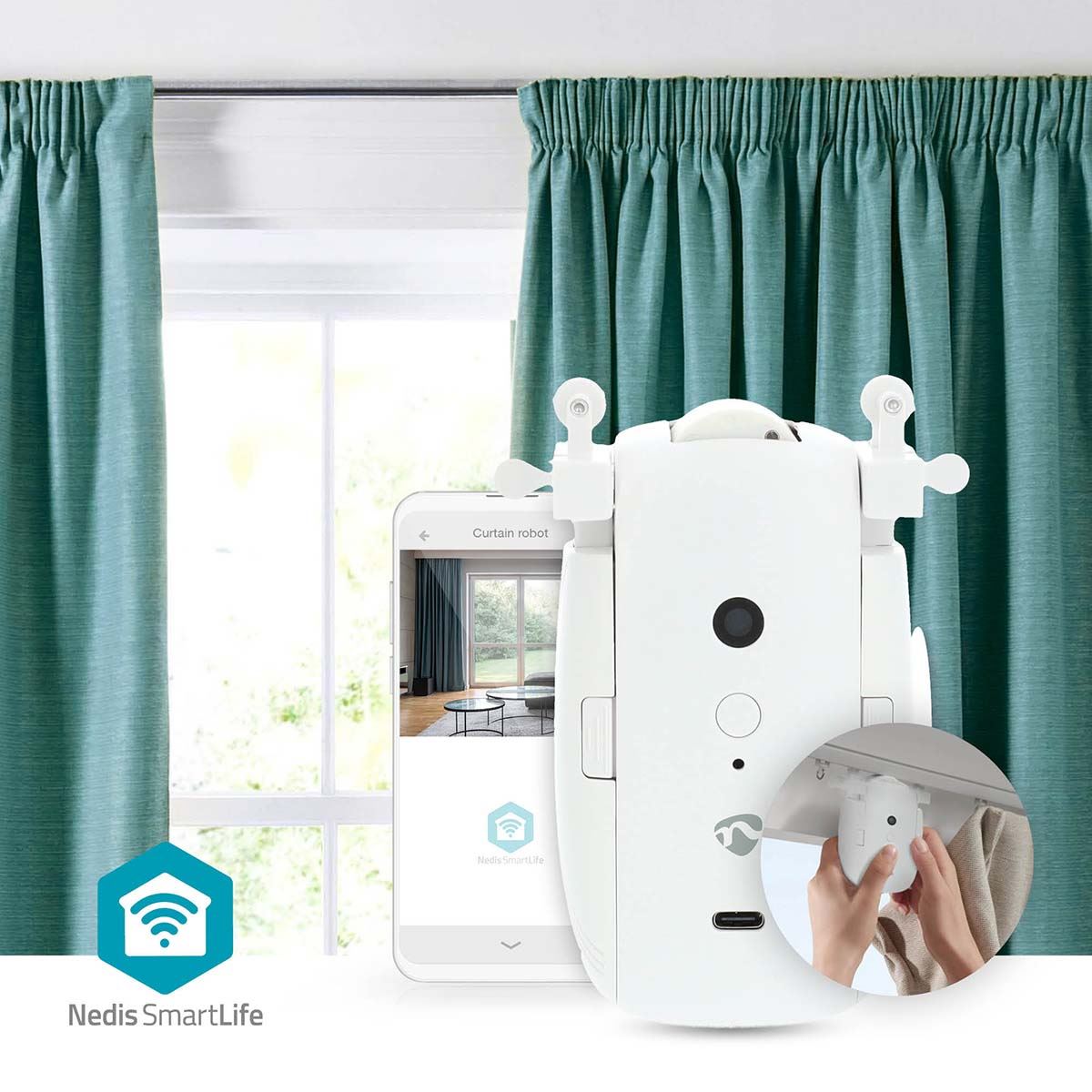 Nedis SmartLife Battery Powered / USB Powered Automatic SmartLife Curtain Robot Opener Bluetooth Cable System / U Rail  Voice Control  Timer 4000 mAh White