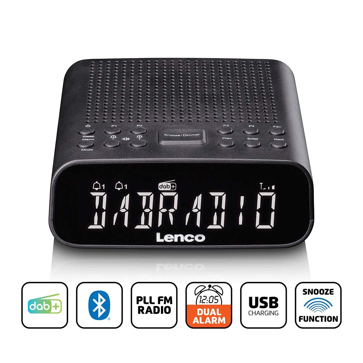 Lenco DAB+ FM Alarm Clock Radio with Bluetooth® Speaker, Large Dimmable LCD Display | Black