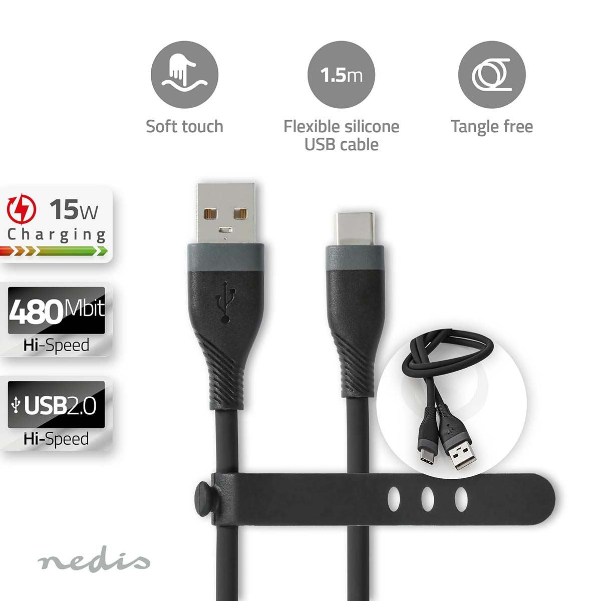 Nedis USB Cable | USB 2.0 | USB-A Male | USB-C™ Male | 15 W | 480 Mbps | Nickel Plated | 1.50 m | Round | Silicone | Black | Box