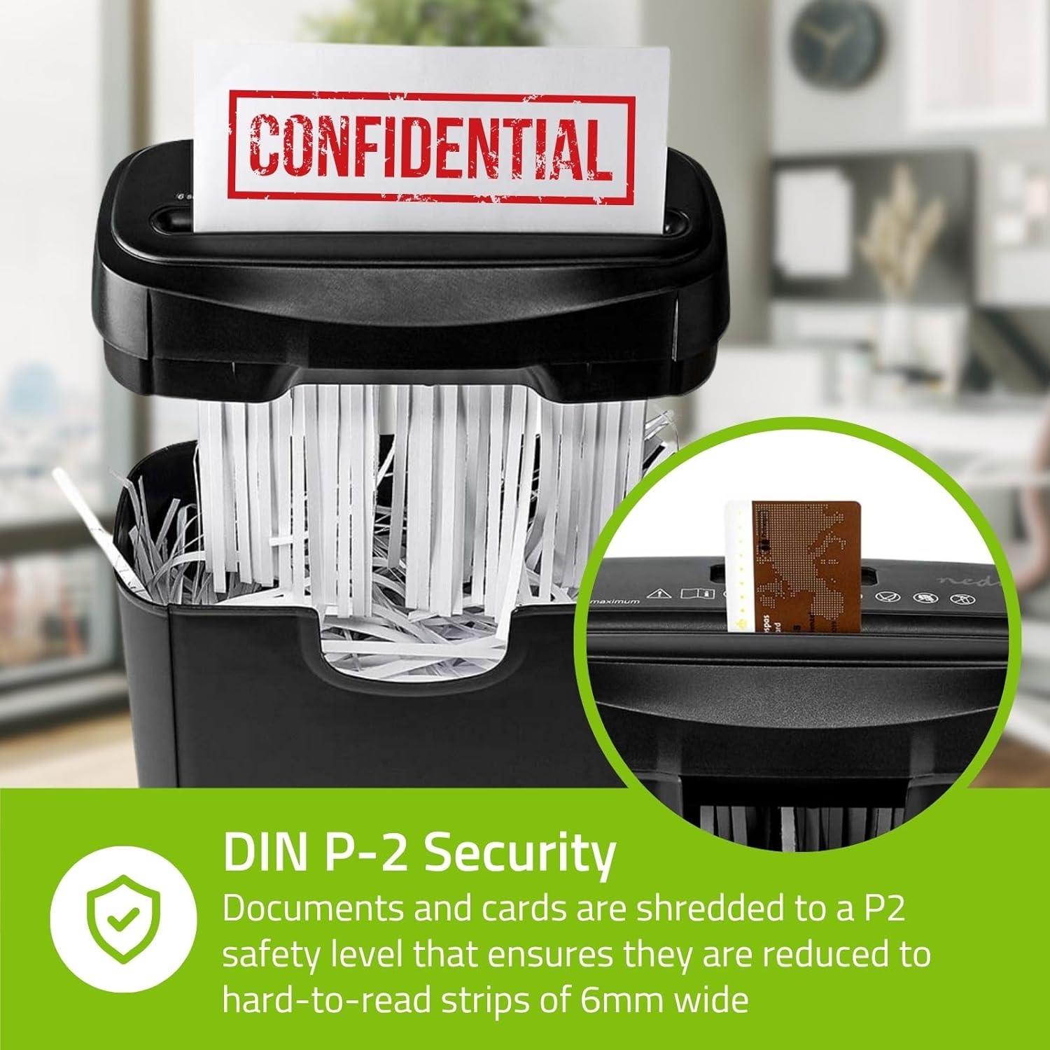 Nedis 6 Sheet Strip Cut Paper Shredder, DIN P-2 Security, Compact Shredder for Home & Small Office Use, Shreds Credit Cards, 10L Bin - Black
