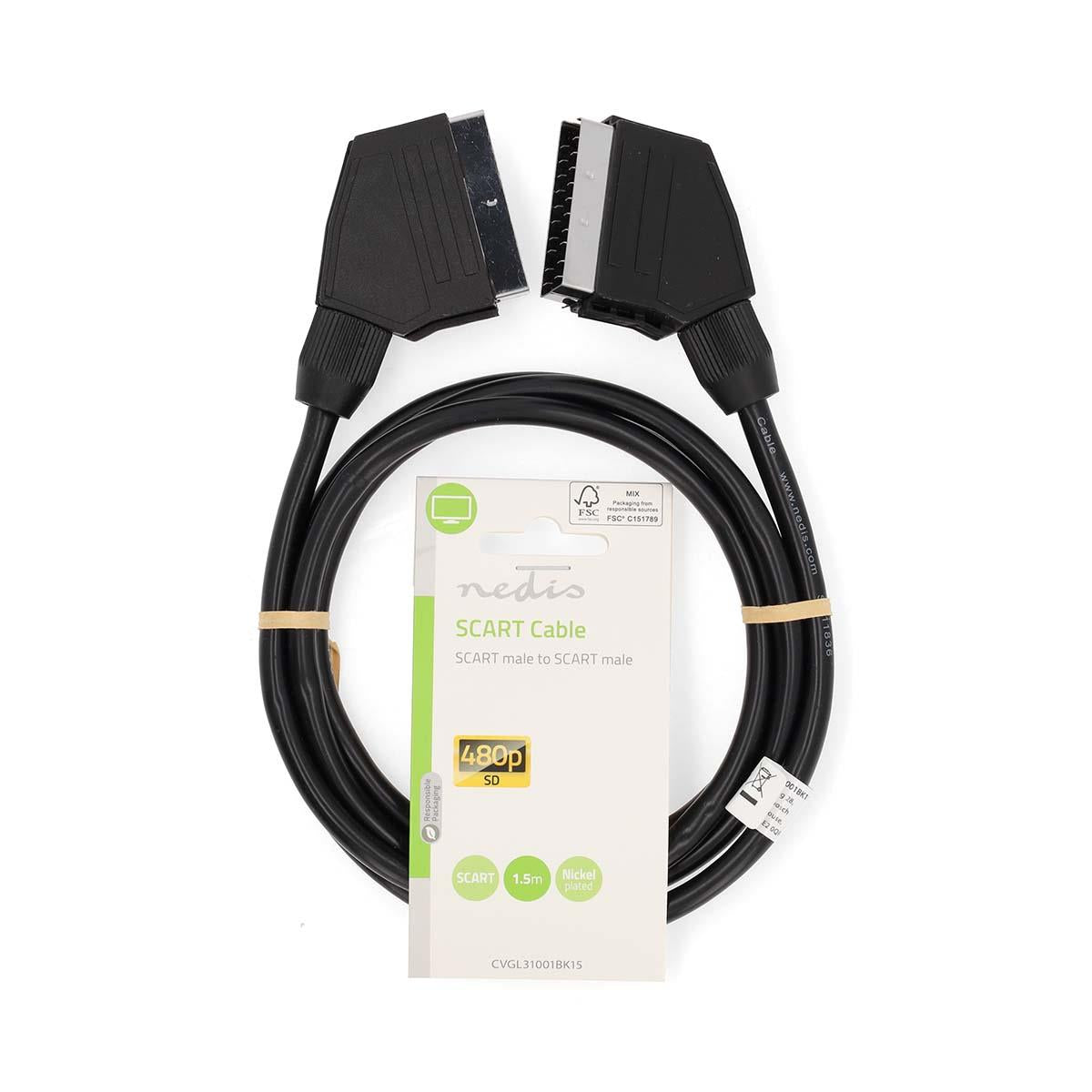 Nedis SCART Cable | SCART Male | SCART Male | Nickel Plated | 480p | 1.50 m | Round | PVC | Black | Label
