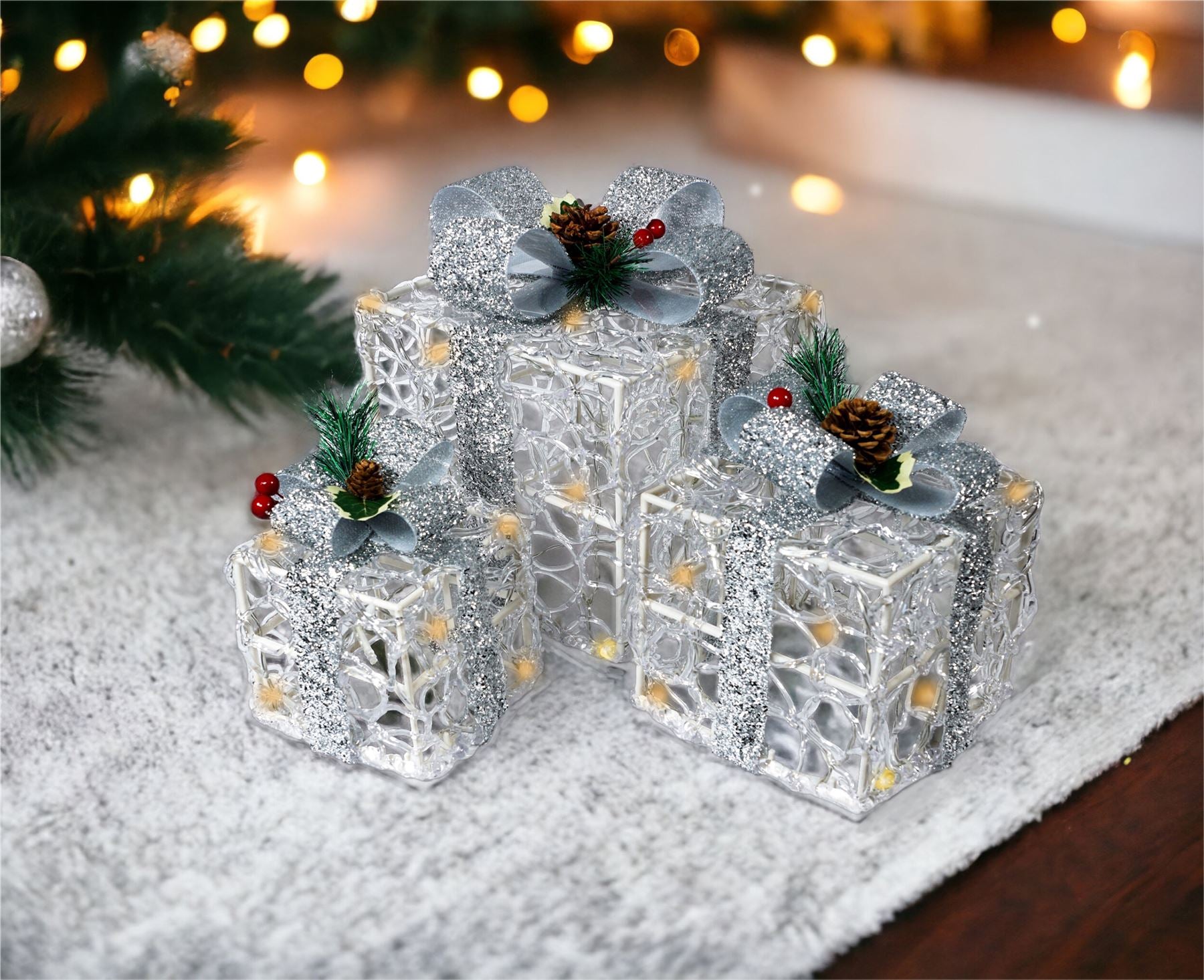 Set of 3 LED Light Up Christmas Gift Present Box Decoration Battery Operated With Timer 8 Patterns and 60 LED's - Silver