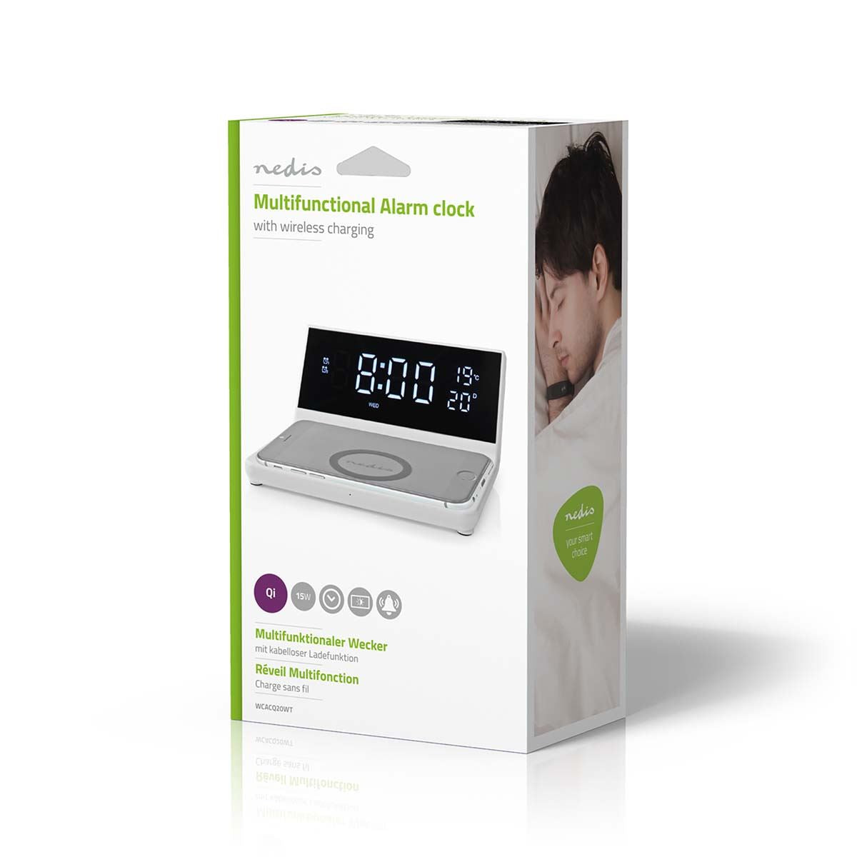 Nedis 3-in-1 Alarm Clock With Qi Wireless Charging, Led Clock, Dual Alarm, Snooze Function, USB Powered - White