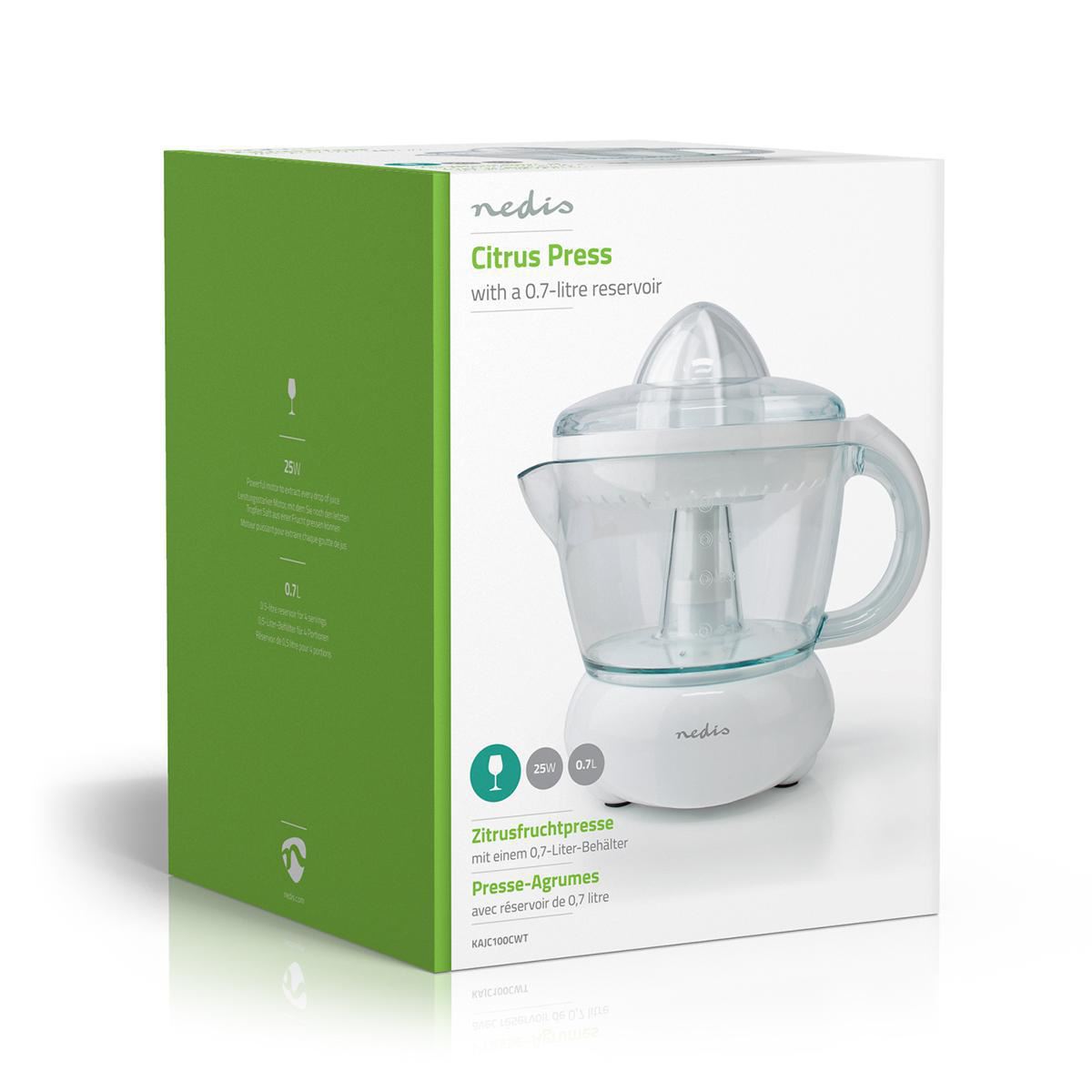 Nedis 0.7L Electric Citrus Press Juicer Squeezer, 25W Motor, with Bi-Directional Twist, 2 x Interchangeable Cones, and Easy Pour Spout