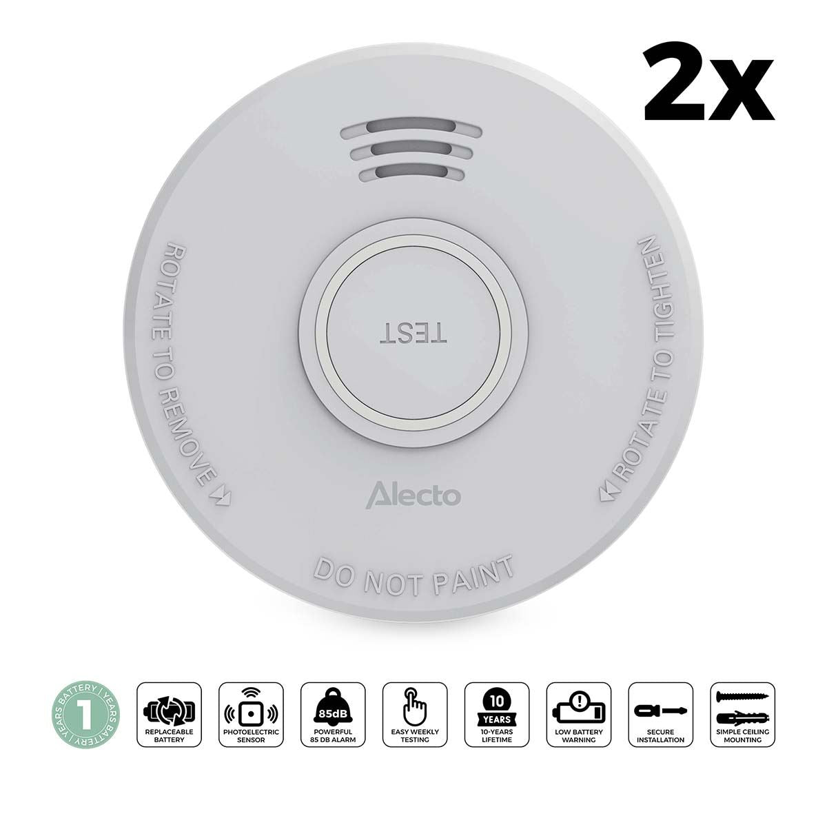 Alecto SD110 Smoke detector with Hush Button | >85 dB | Battery Powered | EN14604:2005/AC:2008 | White |2 Pack