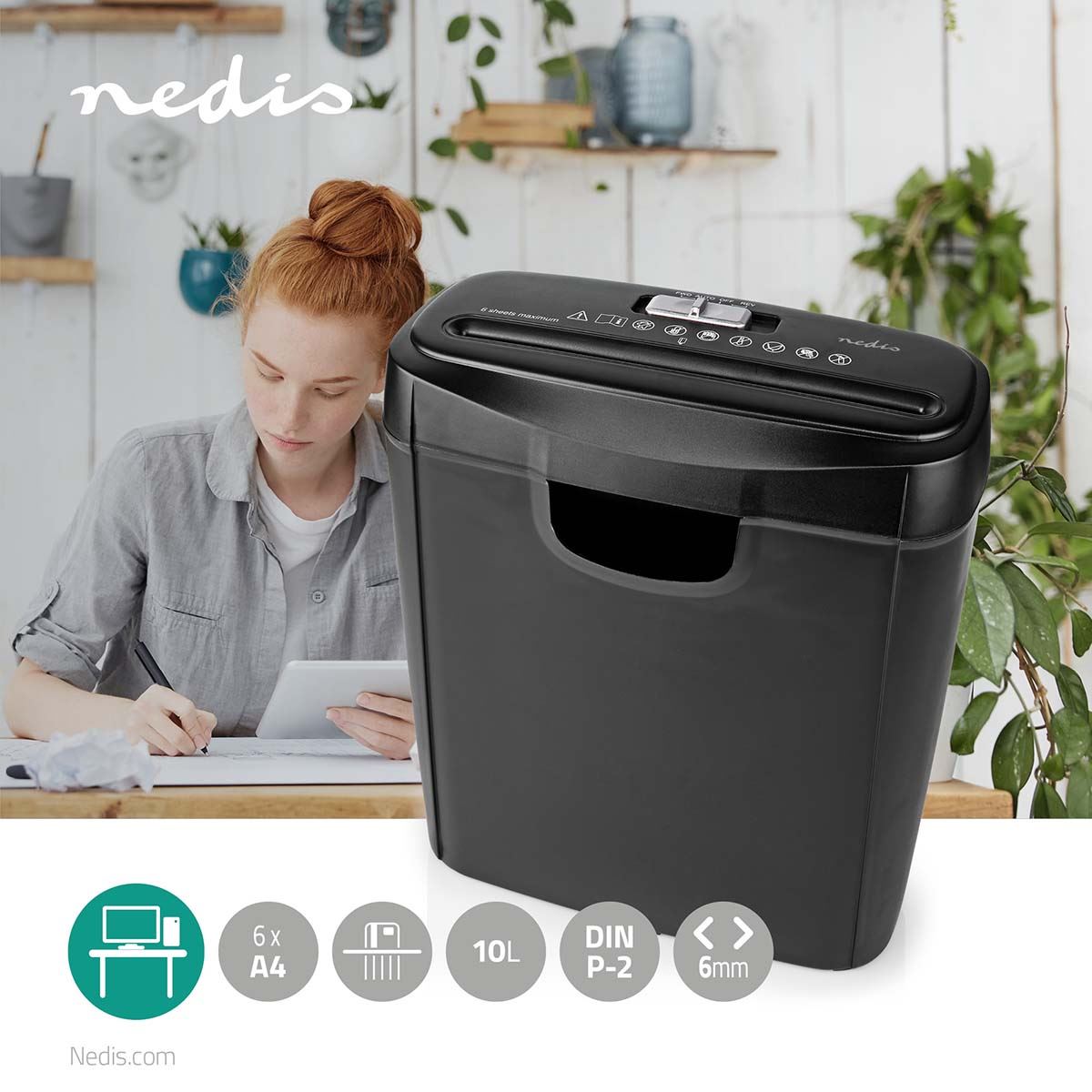 Nedis 6 Sheet Strip Cut Paper Shredder, DIN P-2 Security, Compact Shredder for Home & Small Office Use, Shreds Credit Cards, 10L Bin - Black