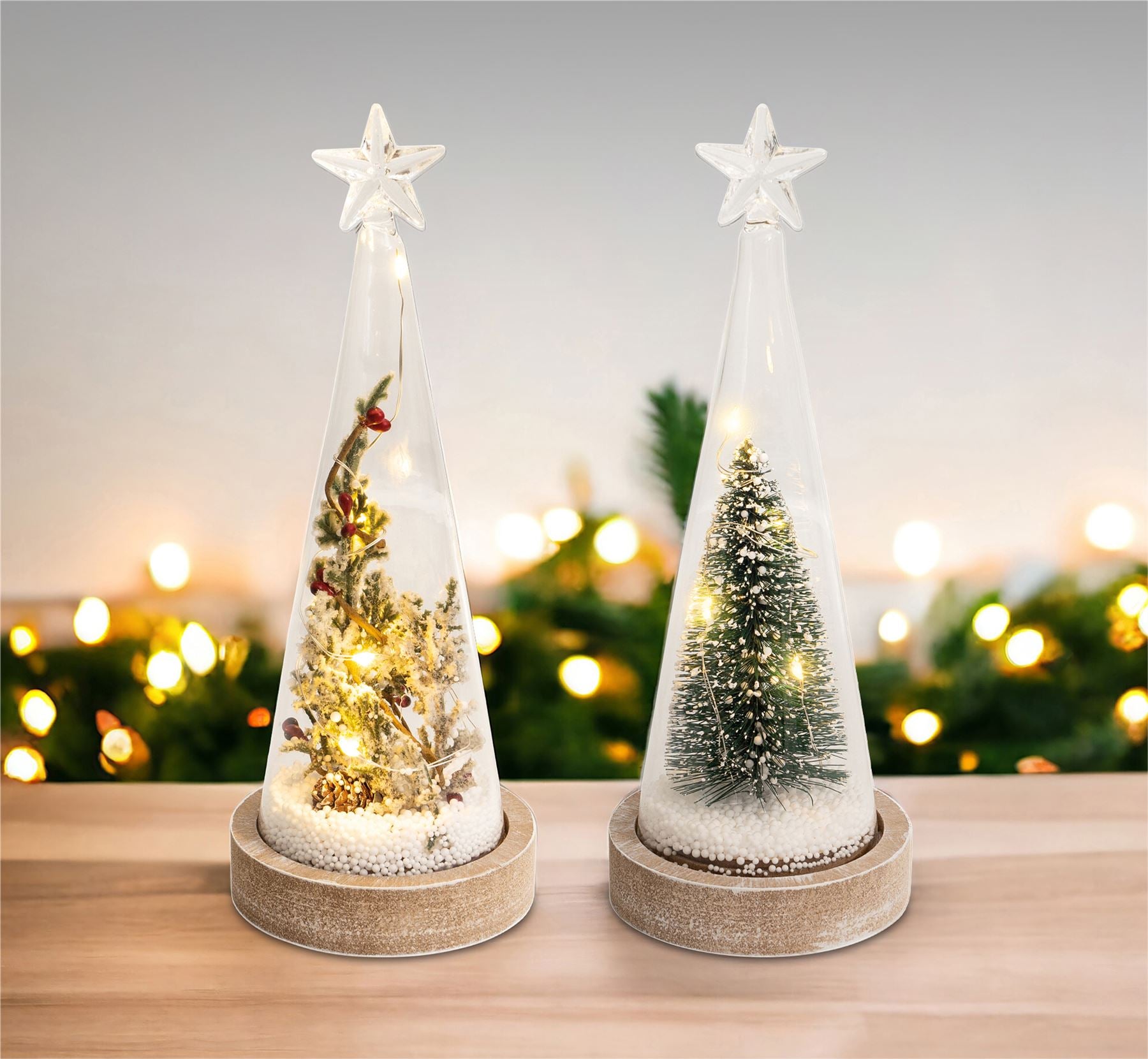 Table Top Glass Enclosed Christmas Tree Scene Ornament Decoration with Wire LED Lights Battery Powered