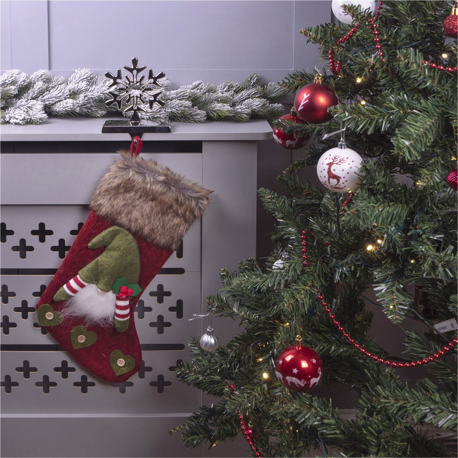 Luxury Gonk Design Christmas Fur Lined Knitted Stocking for Xmas Eve - Red