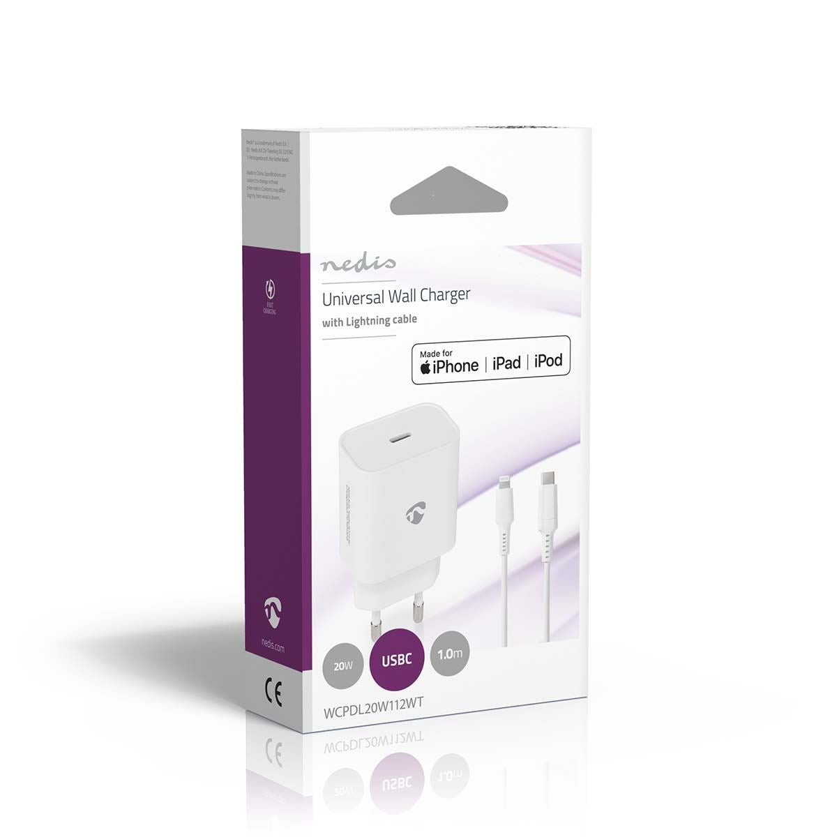 Nedis EU Euro Travel Wall Charger | 20 W | PD3.0 20W | Quick charge feature | 1.67 / 2.22 / 3.0 A | Number of outputs: 1 | USB-C™ | Lightning 8-Pin (Loose) Cable | 1.00 m | Automatic Voltage Selection | White