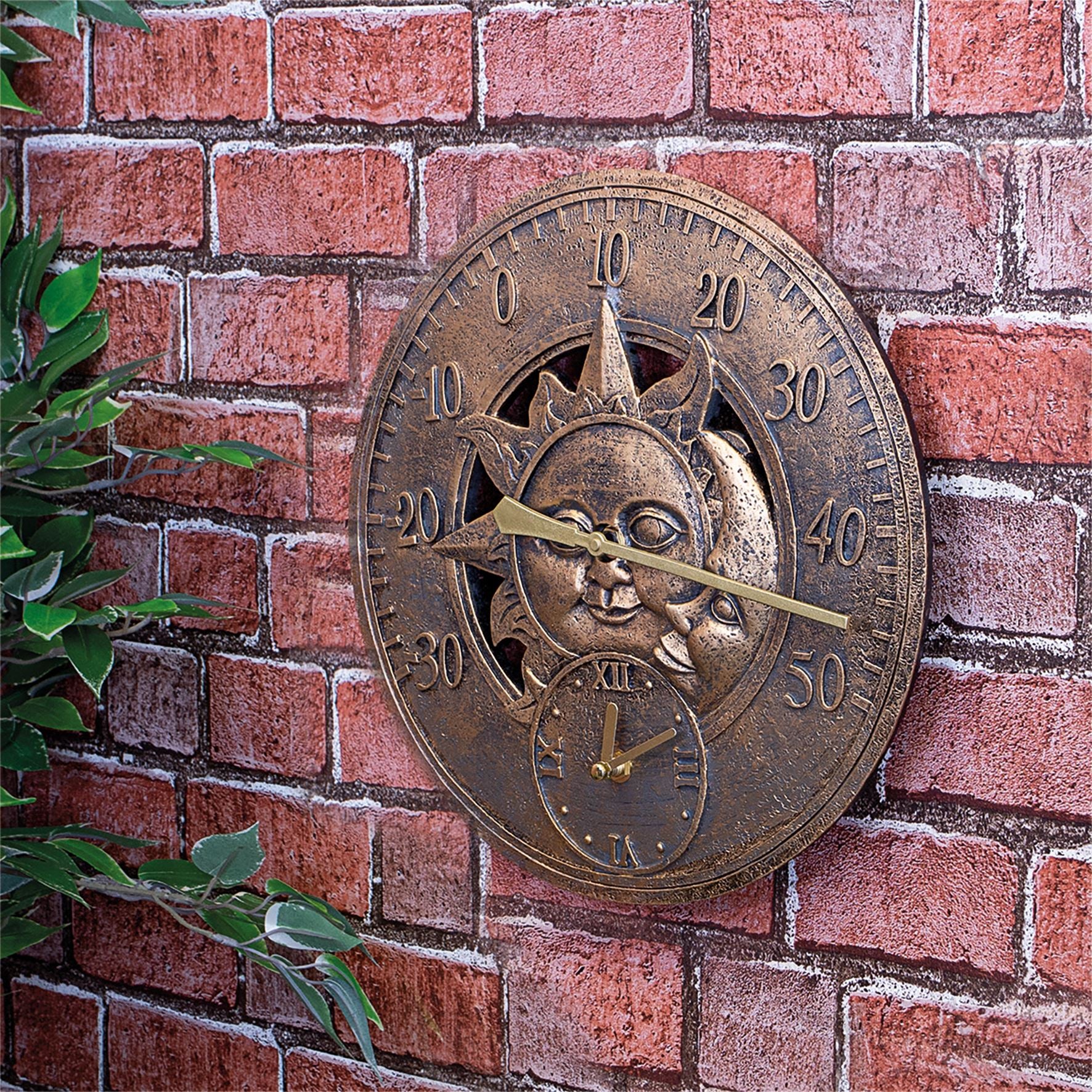 Vintage 12" / 30cm Sun and Moon Outdoor Garden Clock and Thermometer Wall Mounted Battery Powered - Copper