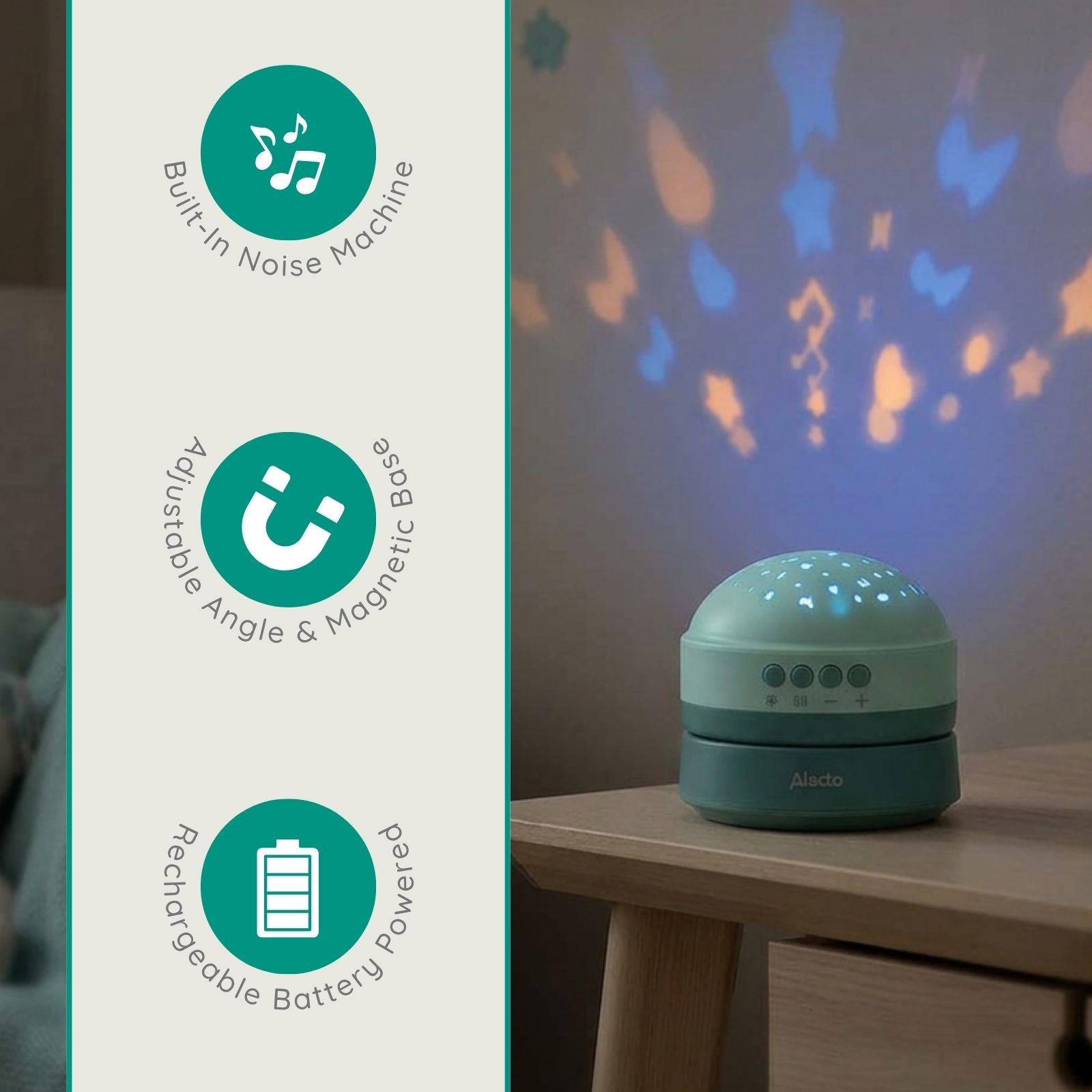 Alecto White Noise Machine, Children and Baby Sleep Aid, Natural Noise & Lullabies Sound Options - Projector Light with 2 Colour Options, Rechargeable