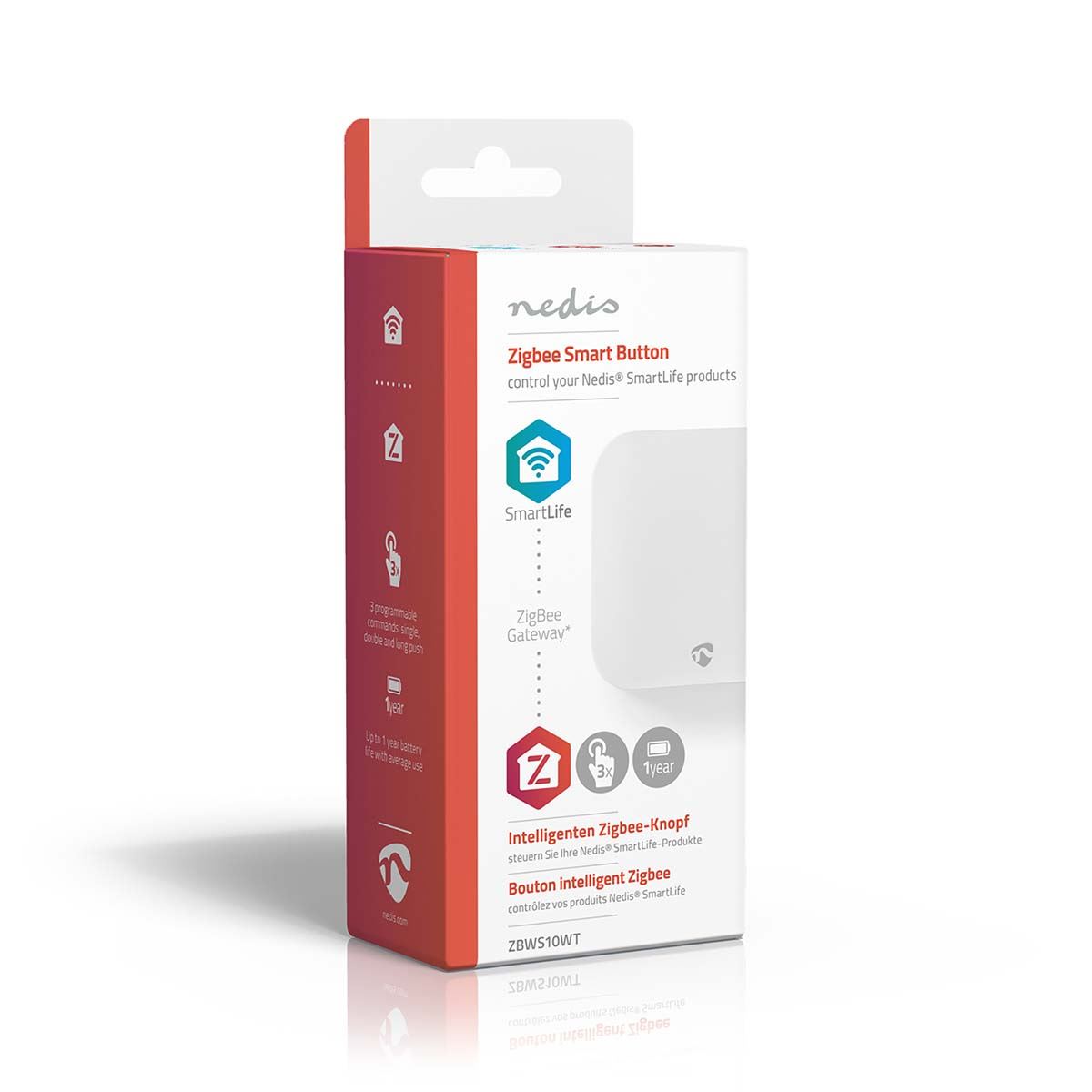 Nedis Smartlife Zigbee Wall Switch, Single Button 3 Programmable Commands, 50 x 50 x 14 mm, Battery Powered, Wireless Control - Compatible with Nedis Smartlife Gateway