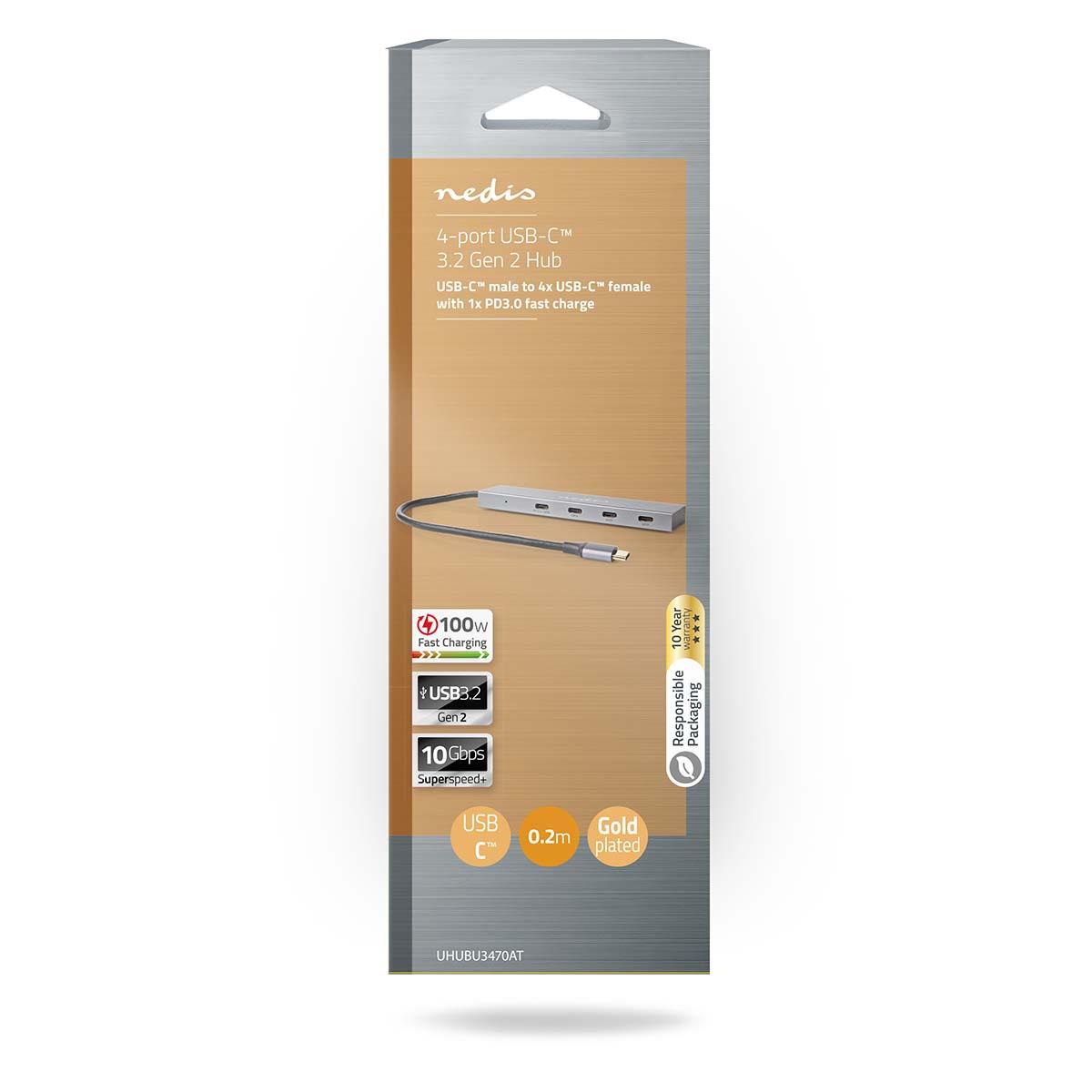 Nedis USB Hub | 1x USB-C™ 3.2 Gen 2 Male | USB-C™ 3.2 Gen 2 Female with PD 3.0 / 3x USB-C™ 3.2 Gen 2 Female | 4 port(s) | USB 3.2 Gen 2 | USB Powered | 10 Gbps