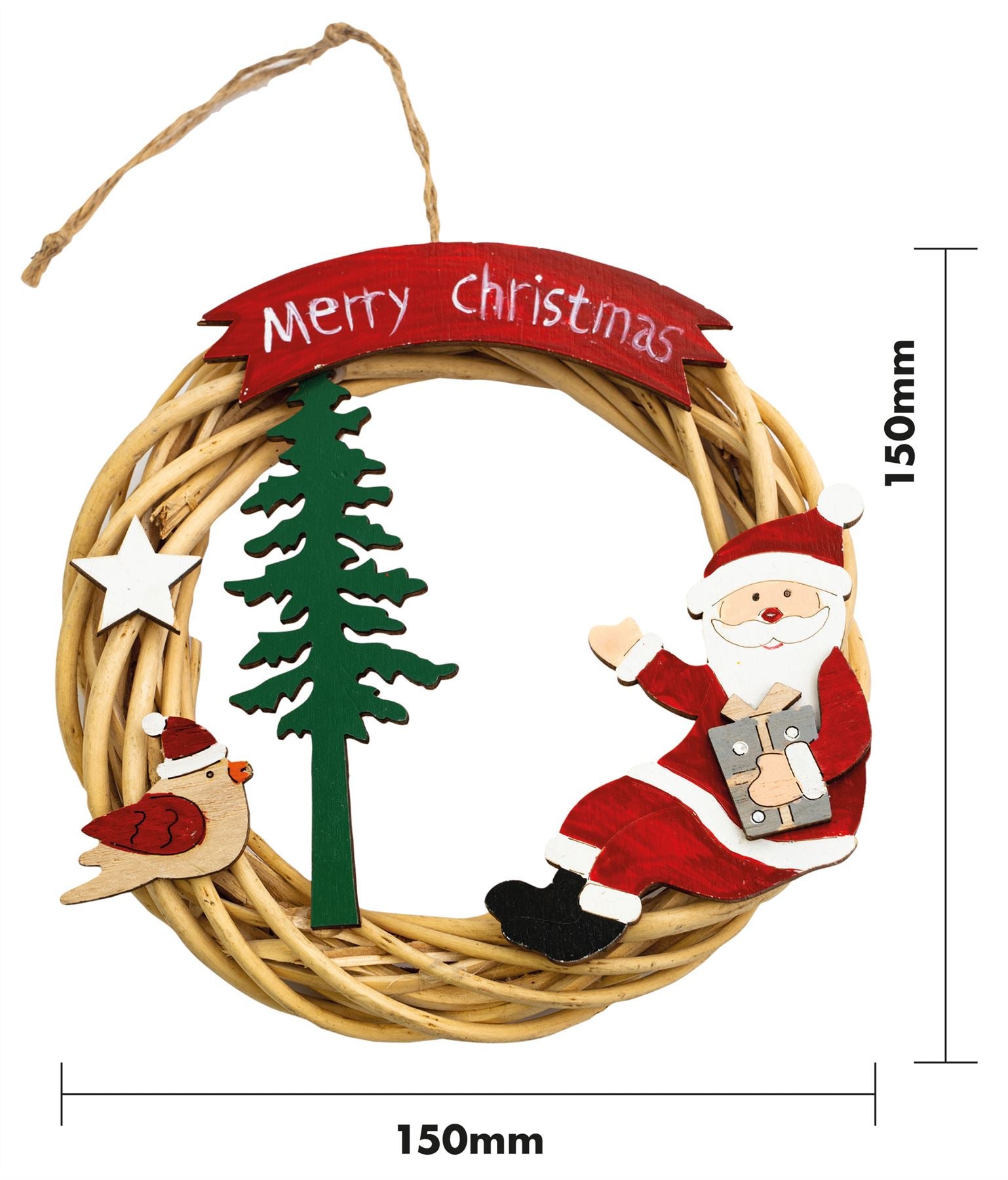 Festive Wicker Christmas Wreath with Santa Claus Design and LED String Light Battery Powered