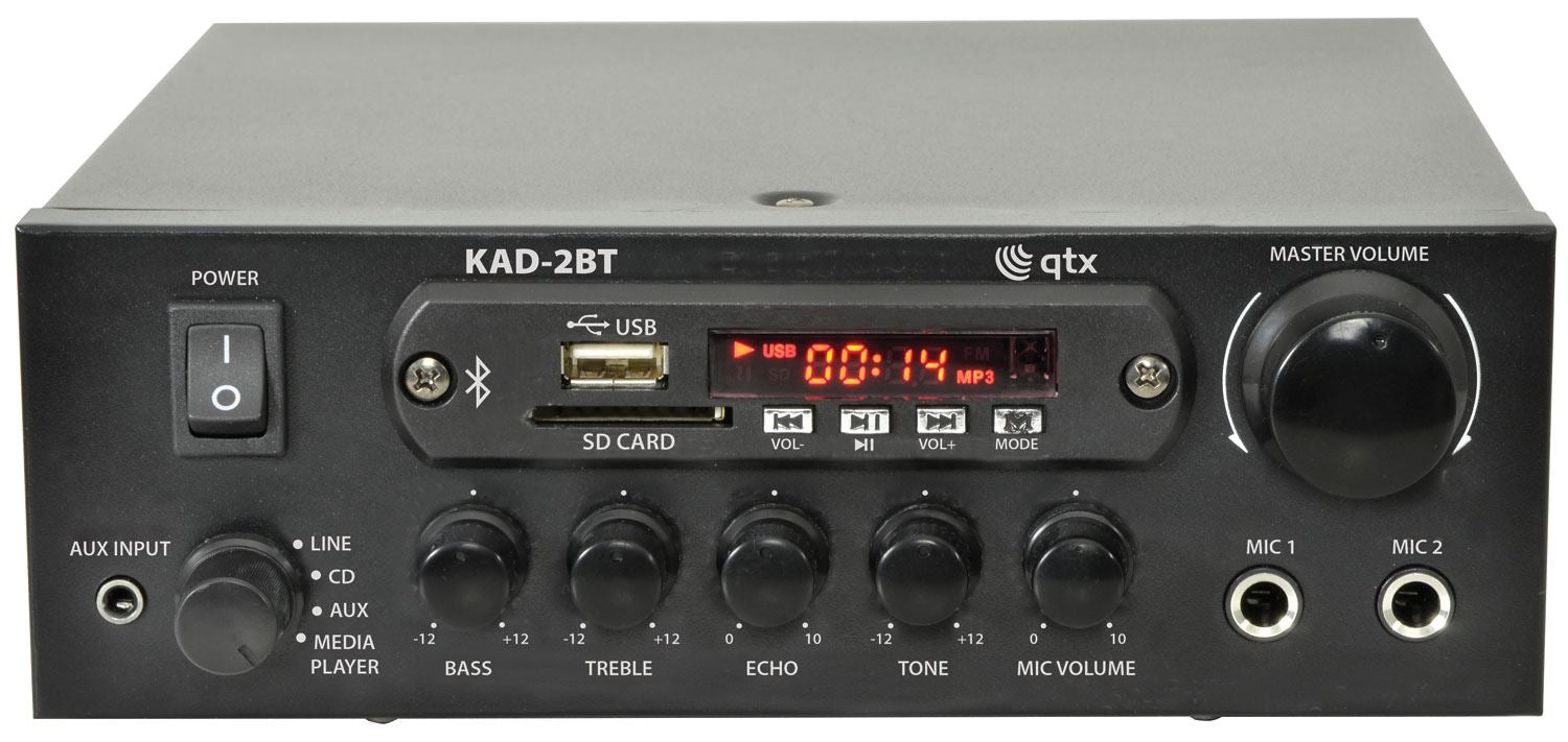 QTX KAD-2BT Bluetooth HiFi Stereo Amplifier 2 x 55W FM USB Aux Mic Desktop Mini Amp