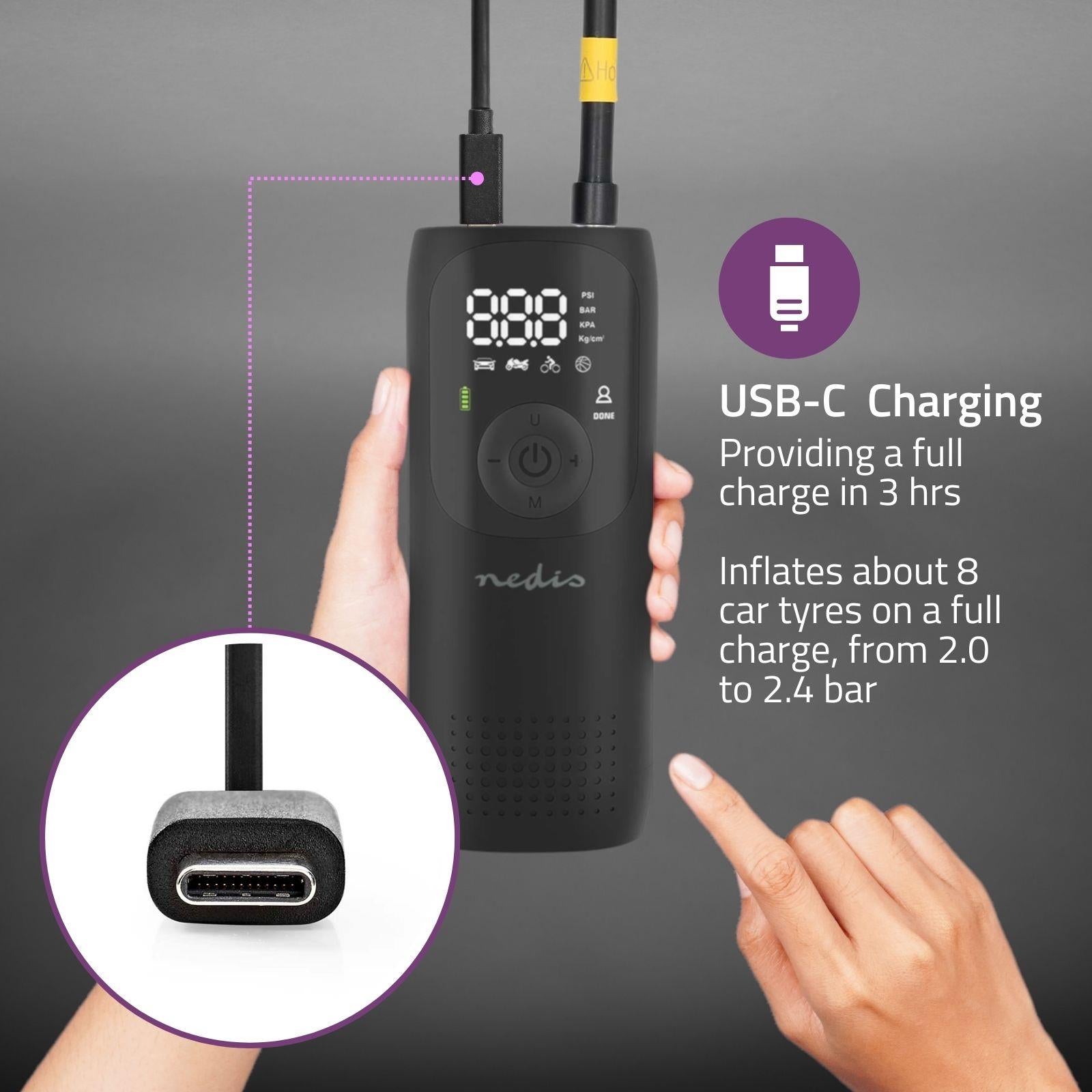 Nedis Portable Tyre Inflator, Rechargeable Air Compressor with Digital Display, LED Torch, 150 PSI Max Pressure, USB-C Charging, for Car, Bike, Motorcycle, Footballs, Inflatables & More