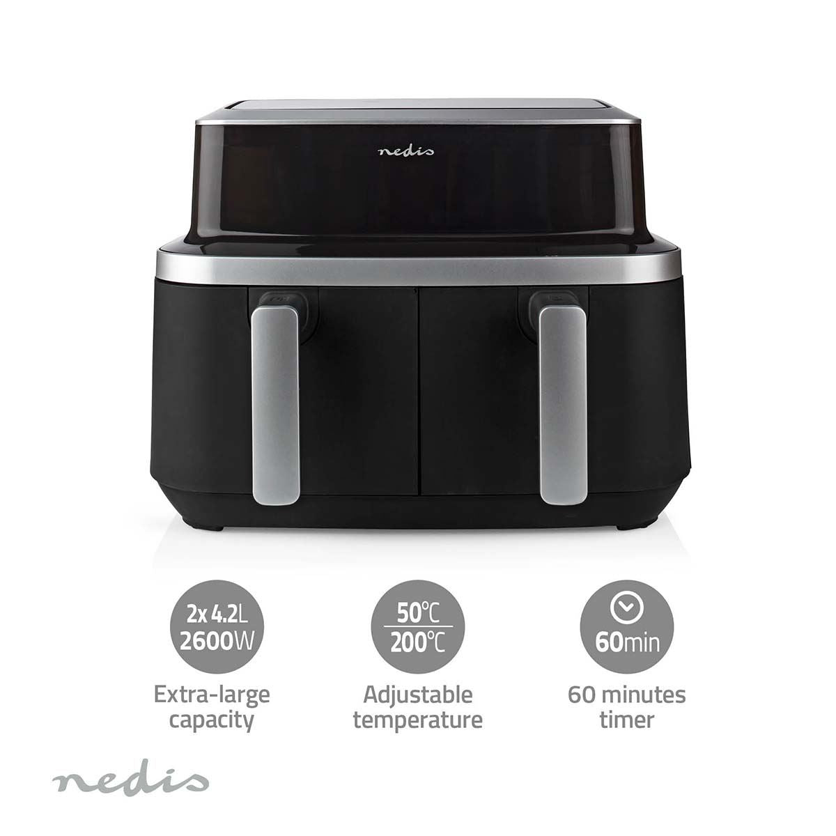 Nedis 8.4L Hot Air Fryer Family Dual Basket Air Fryer with Smart Finish, 10 Pre-Sets and Digital Control Panel - Black
