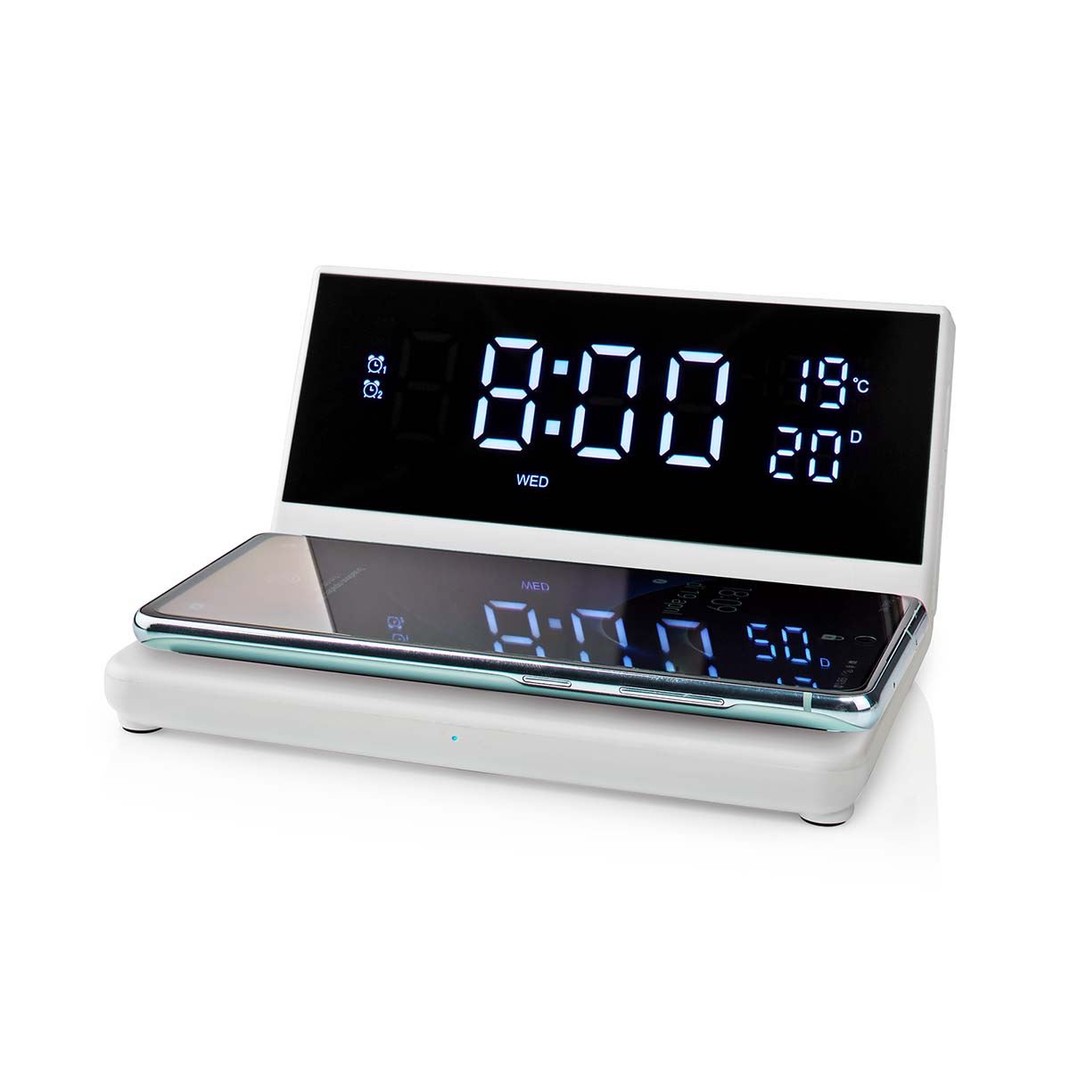 Nedis 3-in-1 Alarm Clock With Qi Wireless Charging, Led Clock, Dual Alarm, Snooze Function, USB Powered - White