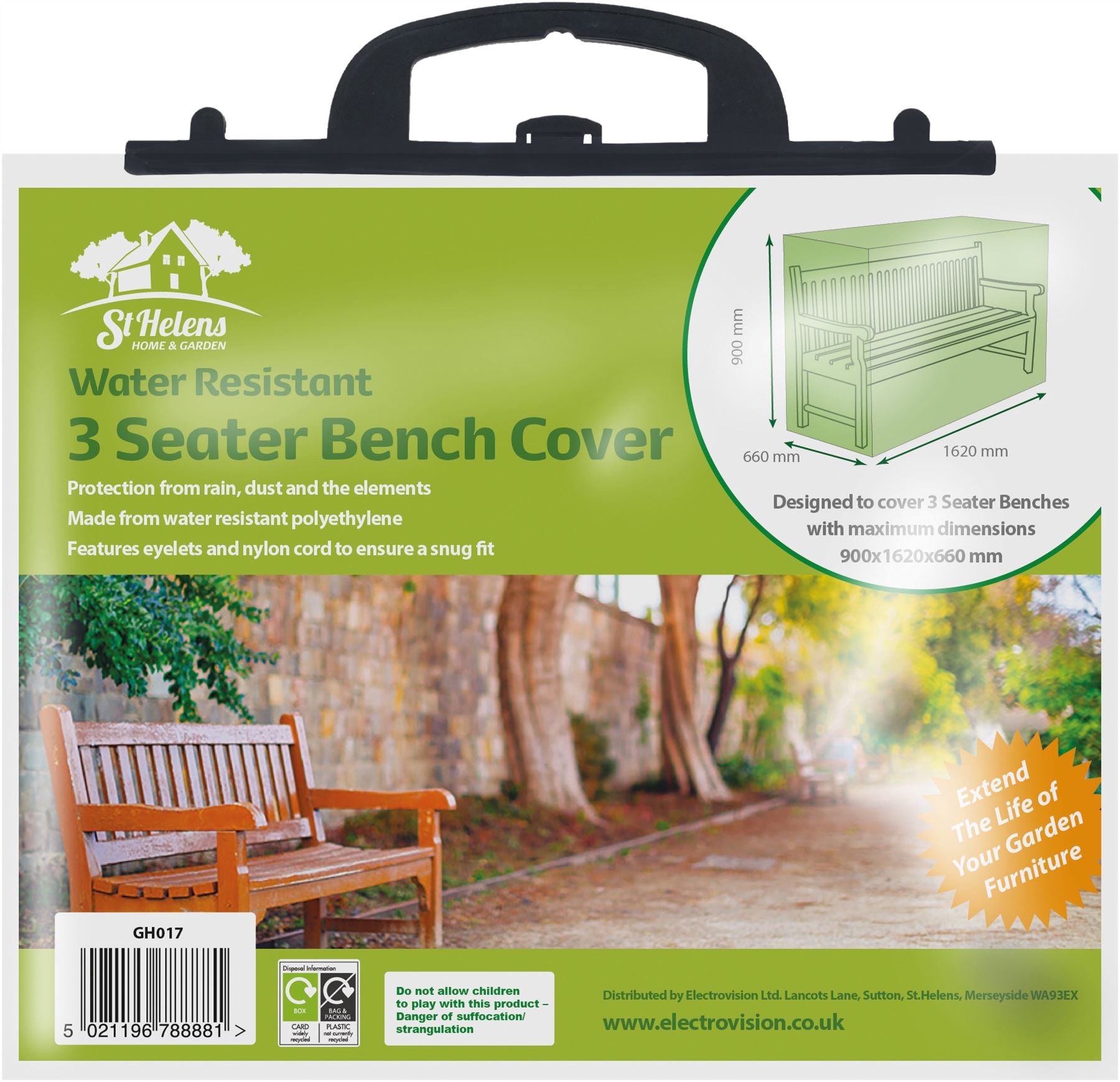 Water Resistant 3 Seater Bench Cover H: 900mm W: 1620mm D: 660mm