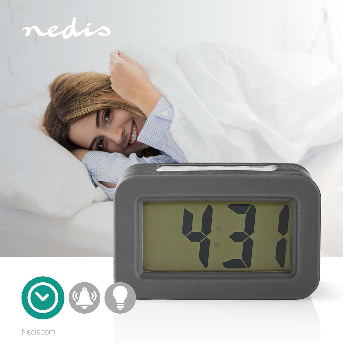 Nedis Digital Desk Alarm Clock - LCD Display with Backlight, Battery Operated, Compact Quartz Alarm Clock, Grey/White