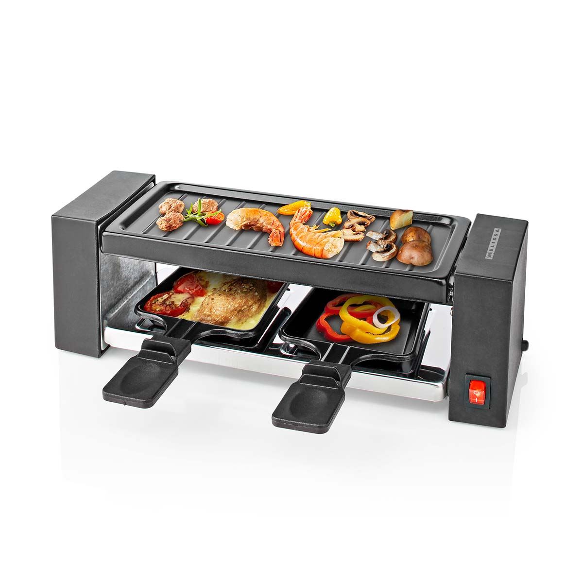 MELISSA Electric Raclette Gourmet Grill, 2 Person Indoor Non-Stick Tabletop Cooker, Removable Hot Plate, with 2 x Mini Cheese Pans & Spatulas, 400W