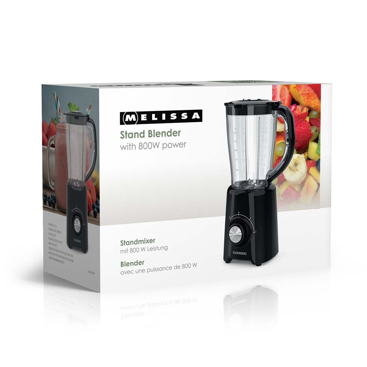MELISSA Table Top Blender, 800W, with 1.5L Plastic Jug, 2 Speed Settings and Pulse Function, Ideal for Fruit Juice, Vegetables, Soup, Smoothies, Protein Shakes and more - Black