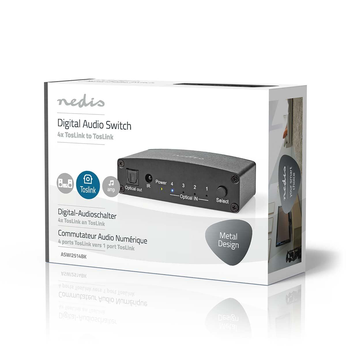 Nedis Digital Audio Switch | 4-way | Connection input: DC Power / 4x TosLink to Connection output: TosLink Female | Manual / Push Button / Remote Control | Metal | Black