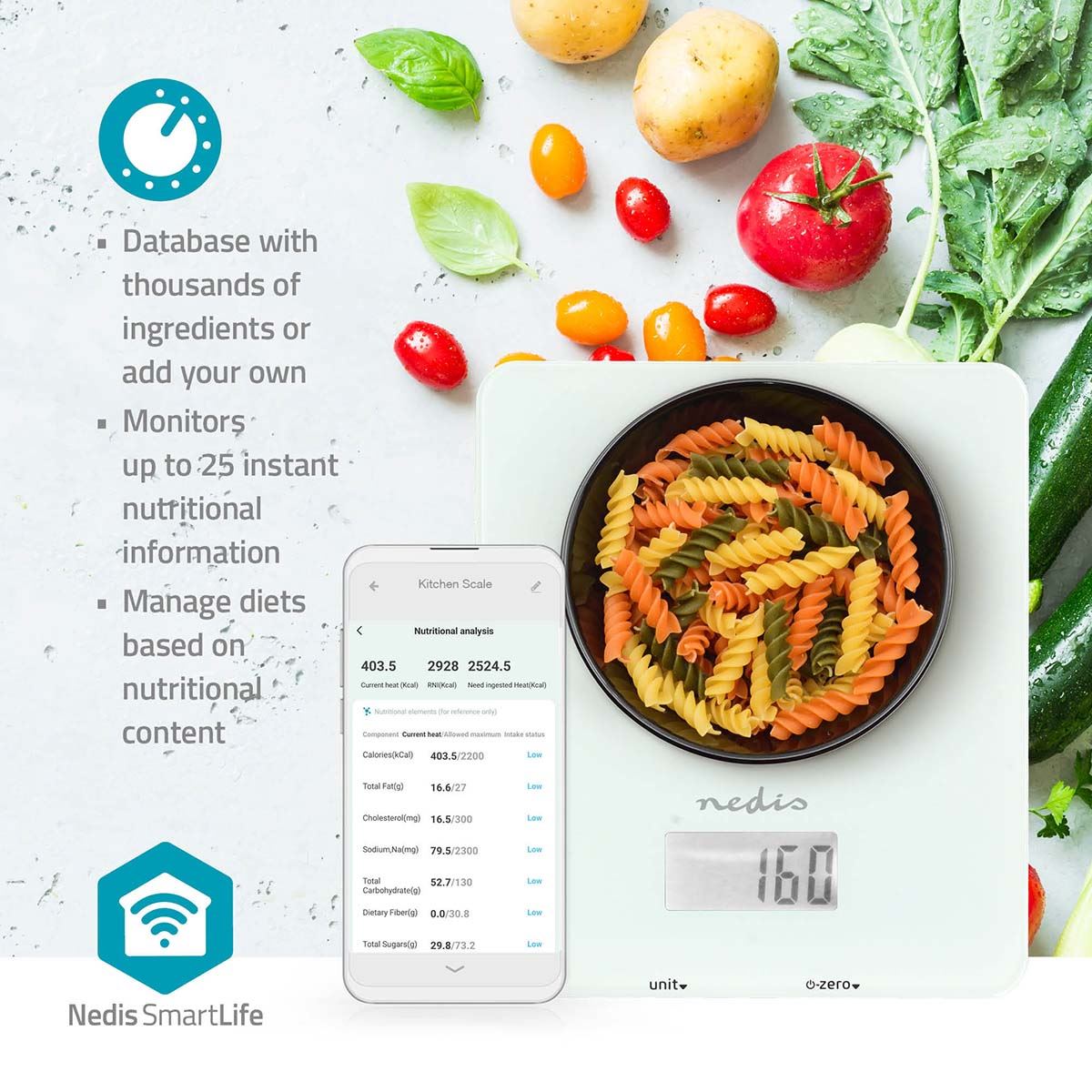 Nedis SmartLife Digital LCD Glass Kitchen Scales with Nutritional Calculator App