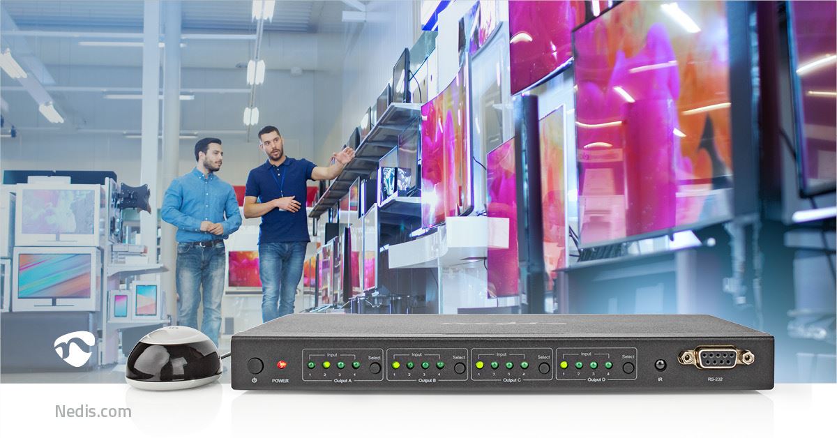 Nedis HDMI™ Matrix Switch | 4 x 4 port(s) | DC Power / 1x RS232 / 4x HDMI™ Input | 4x HDMI™ Output | 4K@60Hz | 18 Gbps | Remote controlled | Metal | Black