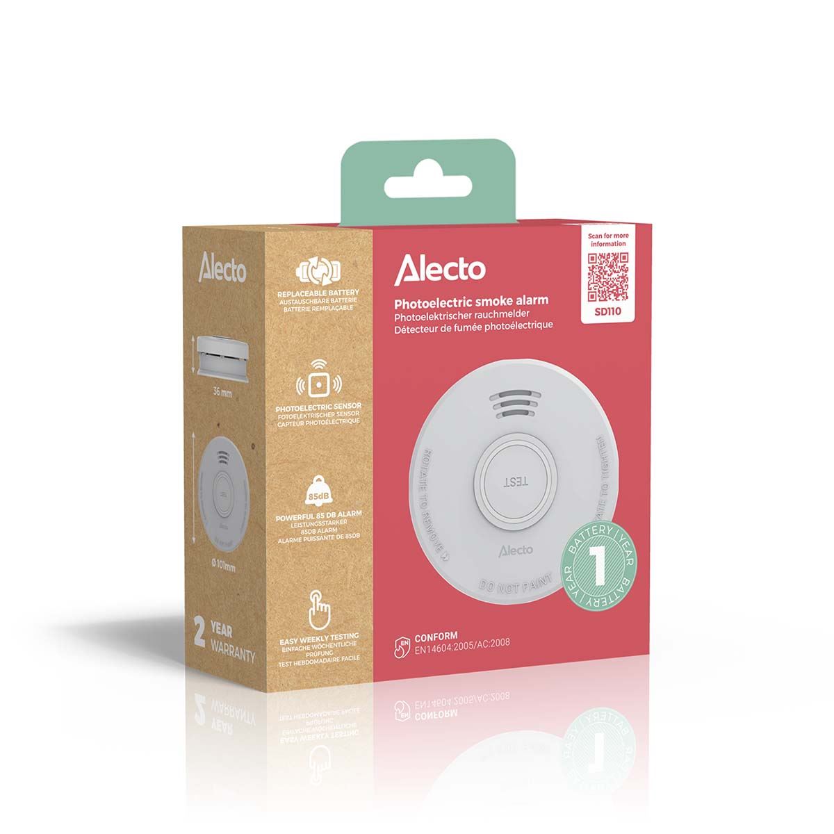 Alecto SD110 Smoke detector with Hush Button | >85 dB | Battery Powered | EN14604:2005/AC:2008 | White