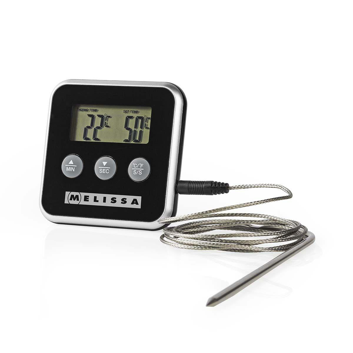 Melissa Leave-in Digital Food, Meat, Baking Thermometer Temperature Probe Cooking Kitchen BBQ, with Alarm, Timer - Black