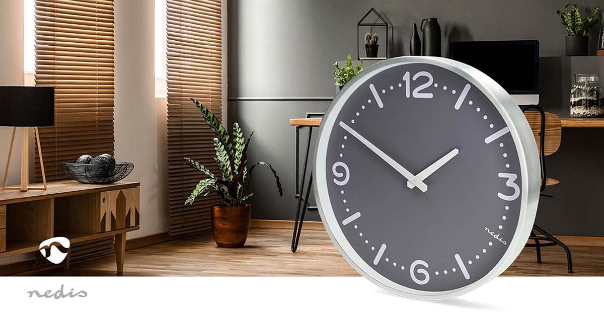 Nedis 30cm Wall Clock Silent Movement, Battery Powered -  Aluminium Silver