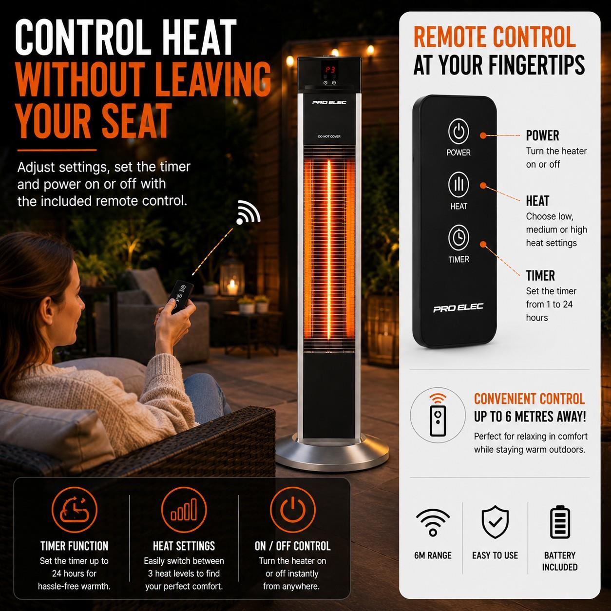 Free Standing Infrared Patio Heater - Carbon Fibre Outdoor Heater with Remote Control, 3 Heat Settings, Tip-Over Protection