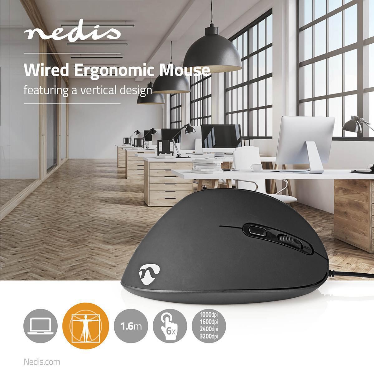 Nedis Wired Mouse | DPI: 1200 / 1800 / 2400 / 3600 dpi | Adjustable DPI | Number of buttons: 6 | Programmable buttons | Right-Handed | 1.60 m