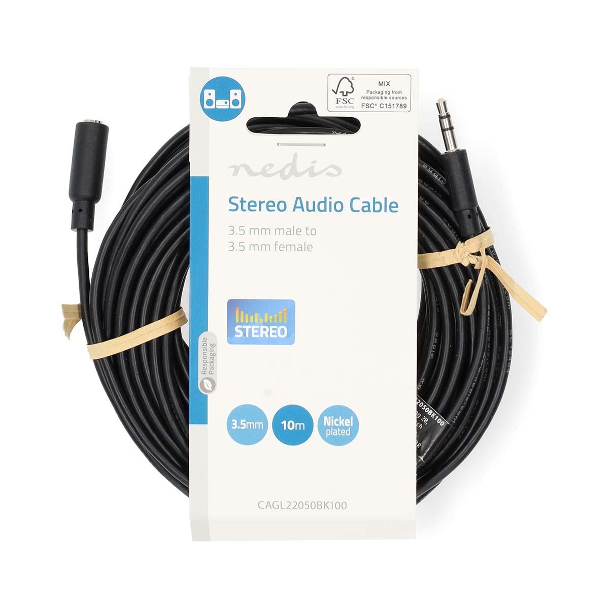 Nedis Stereo Audio Cable | 3.5 mm Male | 3.5 mm Female | Nickel Plated | 10.0 m | Round | Black | Label