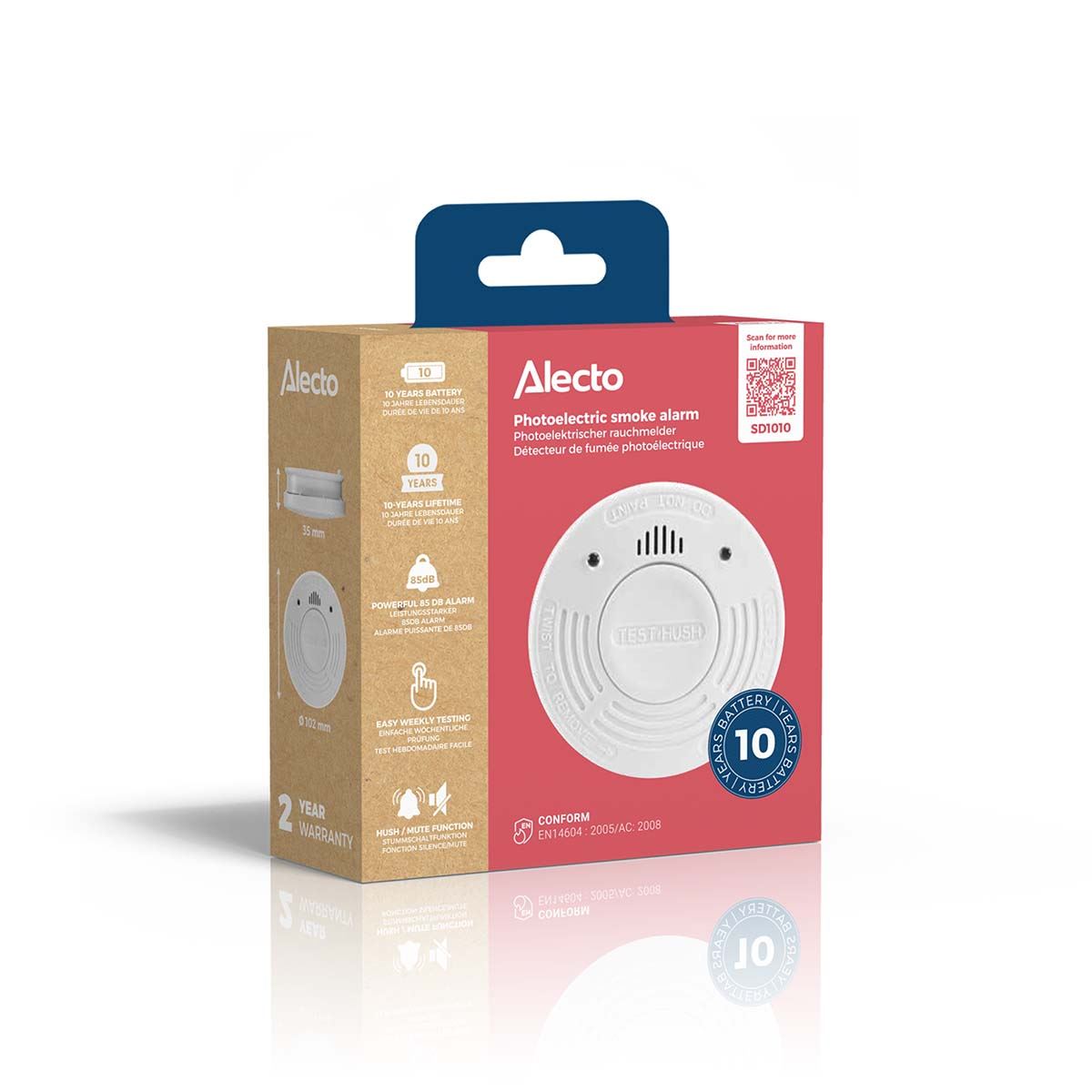 Alecto SD1010 Smoke detector with Runtime Sensor | >85 dB | 10 Year Battery Included | EN14604:2005/AC:2008 | White