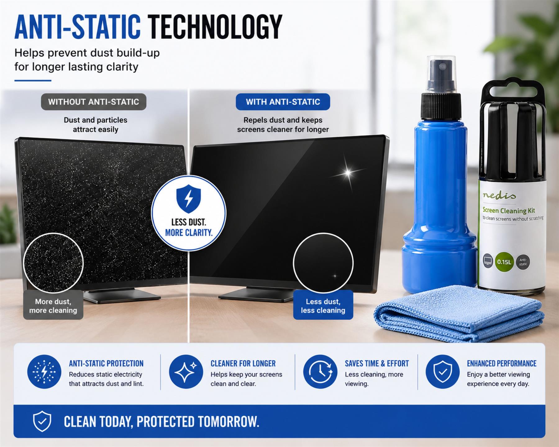 Nedis Screen Cleaner Kit for LCD, LED & Plasma TV, PC, Phone & Tablet, 150 ml Spray & Cloth