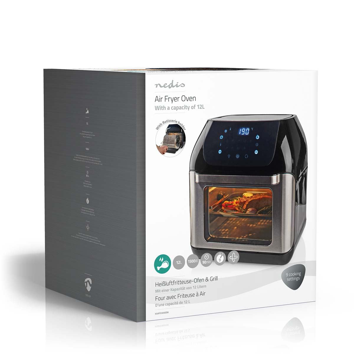 Nedis 12L Hot Air Fryer Mini Oven XXL Multifunctional 9-in-1 with Rotisserie, 9 Pre-Set Programmes, & Timer, 1500W