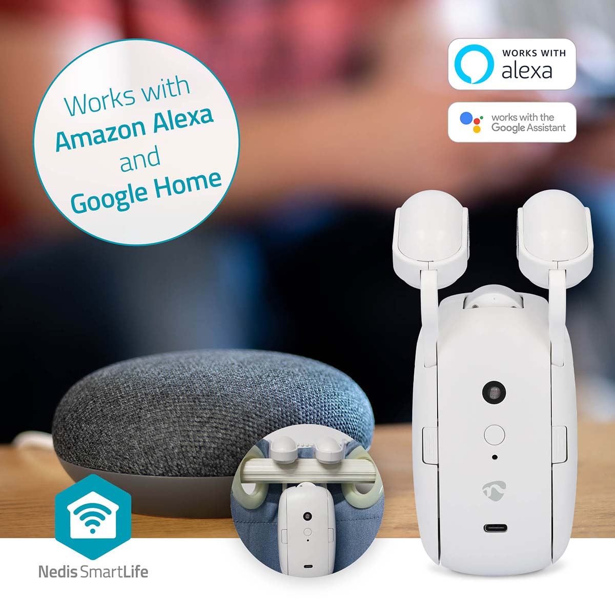 Nedis SmartLife Battery or USB Powered Automatic SmartLife Curtain Robot Opener Bluetooth Voice Control and Timer for Google Home and Alexa 4000 mAh - White