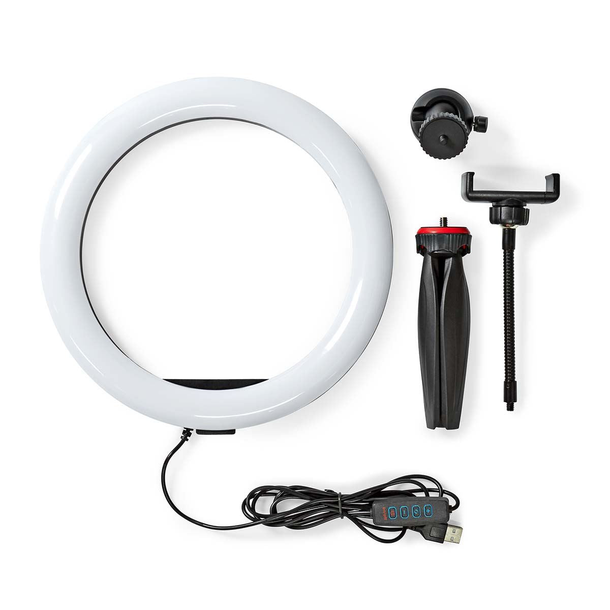 Nedis Ring Light, 10" LED Ring Lamp with 120 LEDs on Tripod Stand, USB Powered, with Flexible Phone Holder, 10 Light Modes
