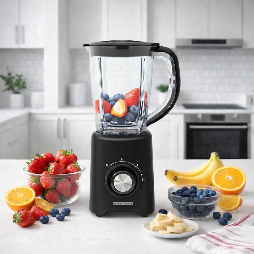 MELISSA Table Top Blender, 800W, with 1.5L Plastic Jug, 2 Speed Settings and Pulse Function, Ideal for Fruit Juice, Vegetables, Soup, Smoothies, Protein Shakes and more - Black