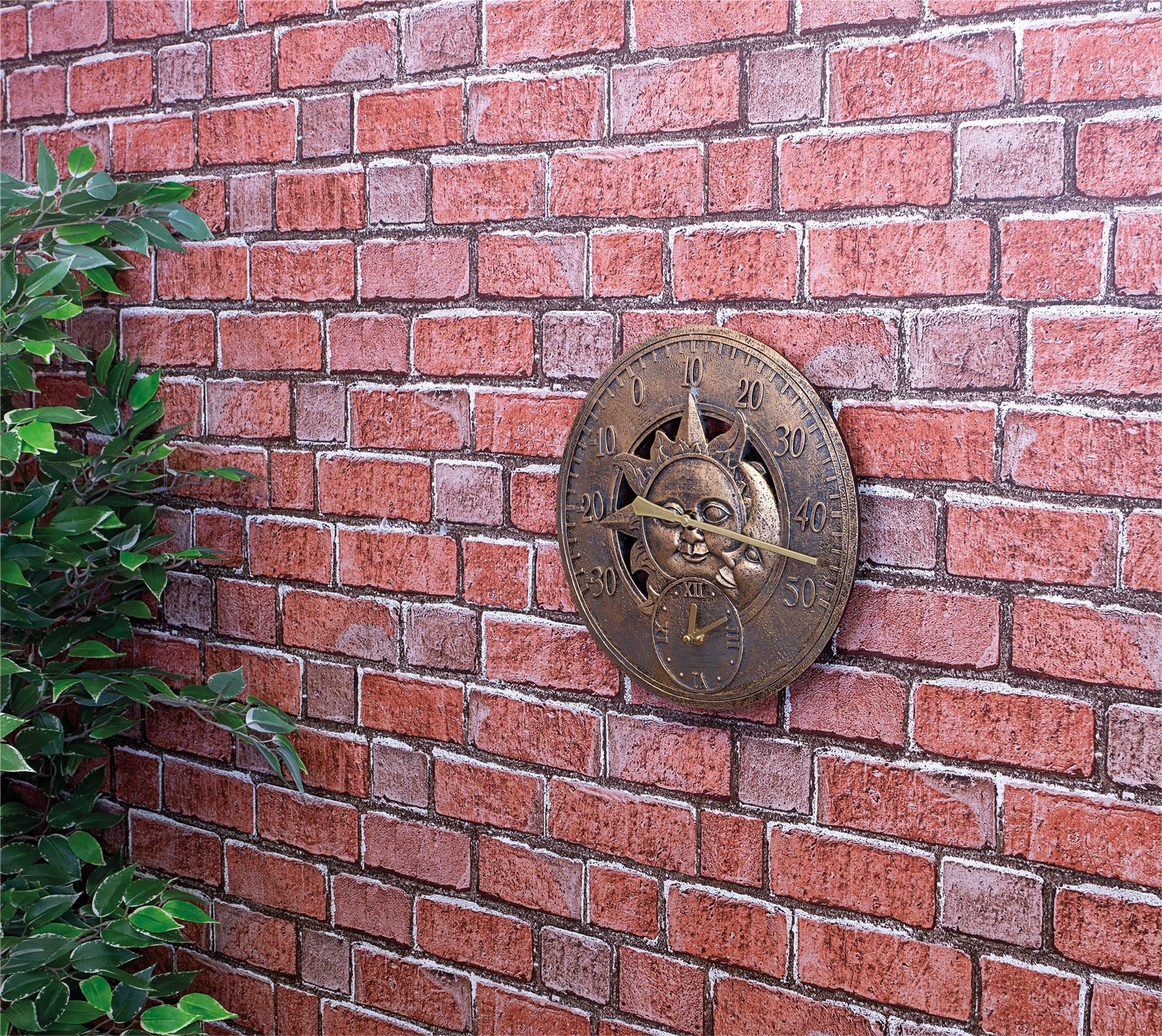Vintage 12" / 30cm Sun and Moon Outdoor Garden Clock and Thermometer Wall Mounted Battery Powered - Copper