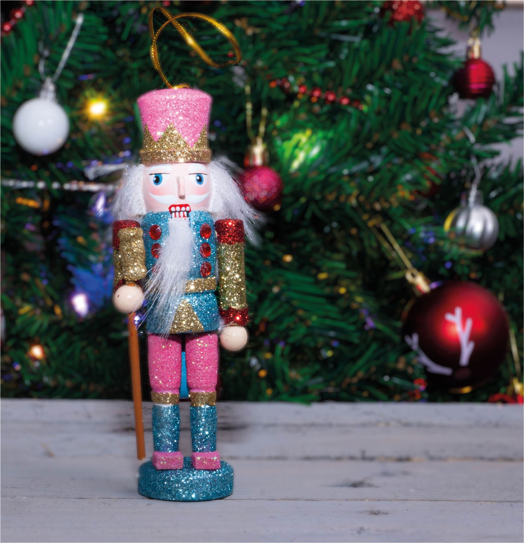 Glitter Nutcracker Hanging Christmas Tree Decoration - Pink